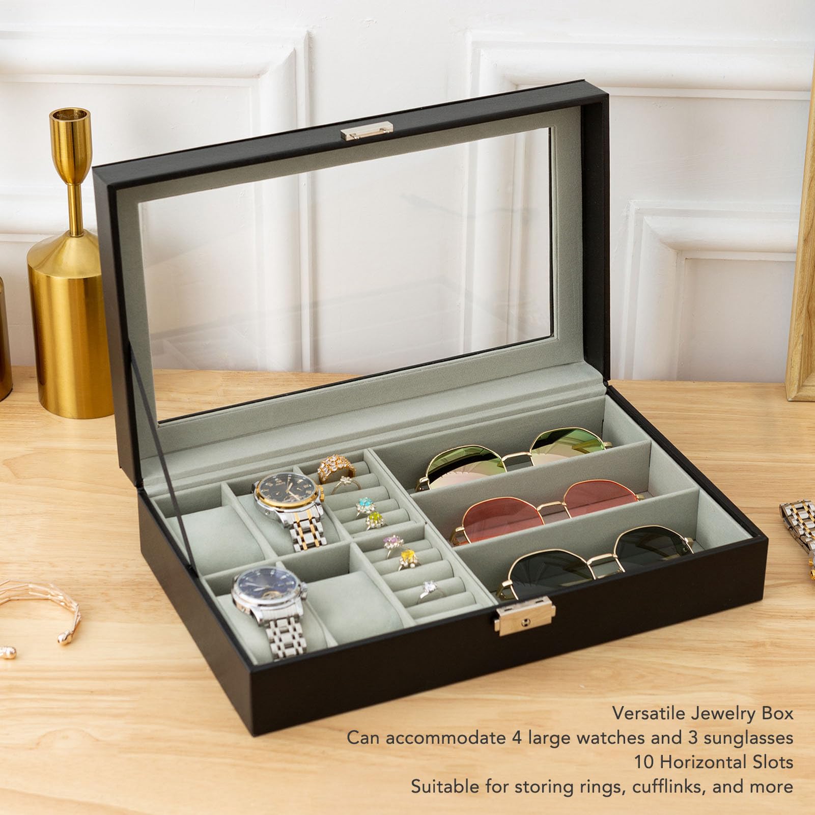 Scatola for orologi a 4 slot con vetrina for gioielli in pelle PU di lusso con serratura