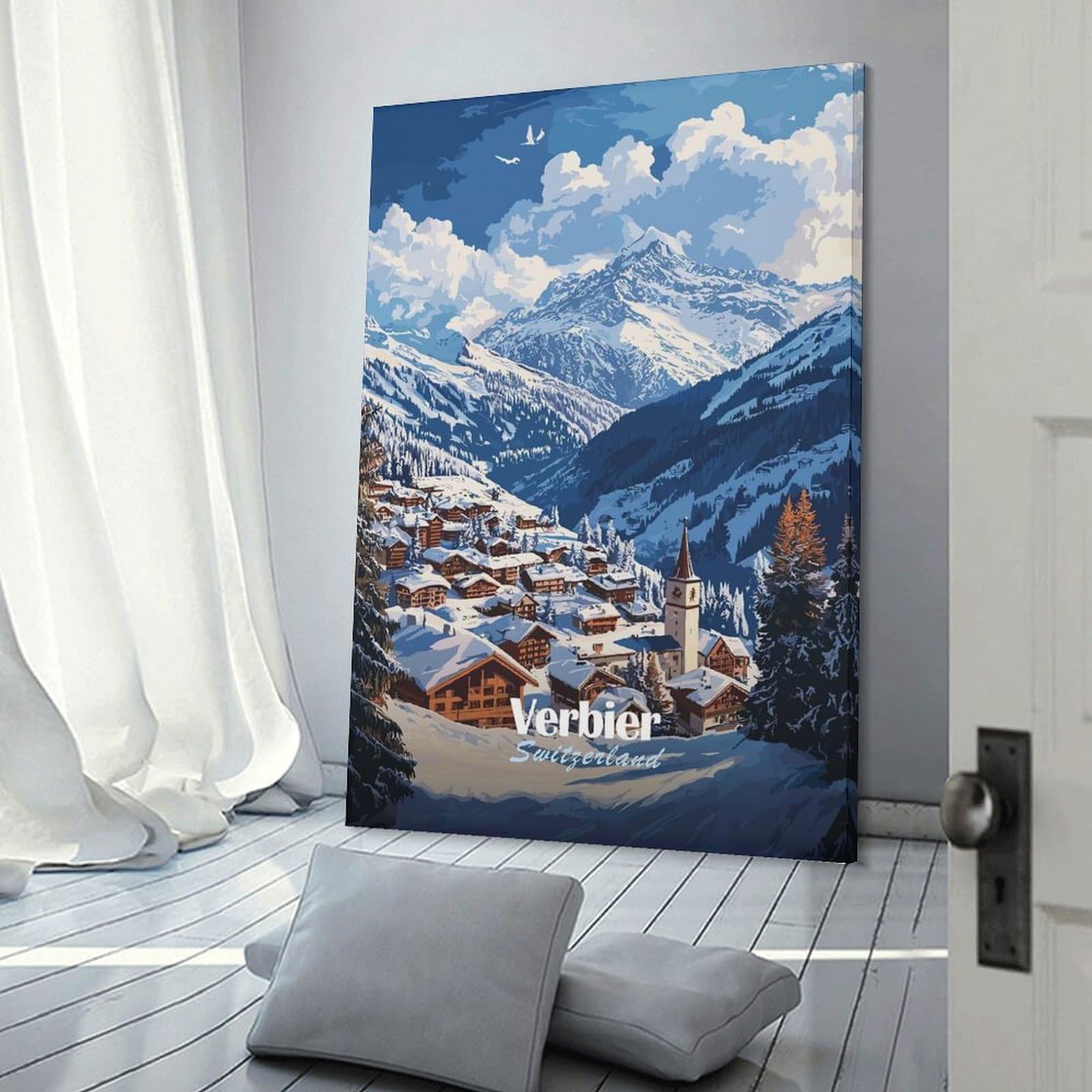 Junmoney Home Decor Wall Art Verbier Switzerland Mountain Village, 24x36inch(60x90cm), for Hallway, Bedroom Or Modern Interiors, Gift Idea for Housewarming And Birthdays
