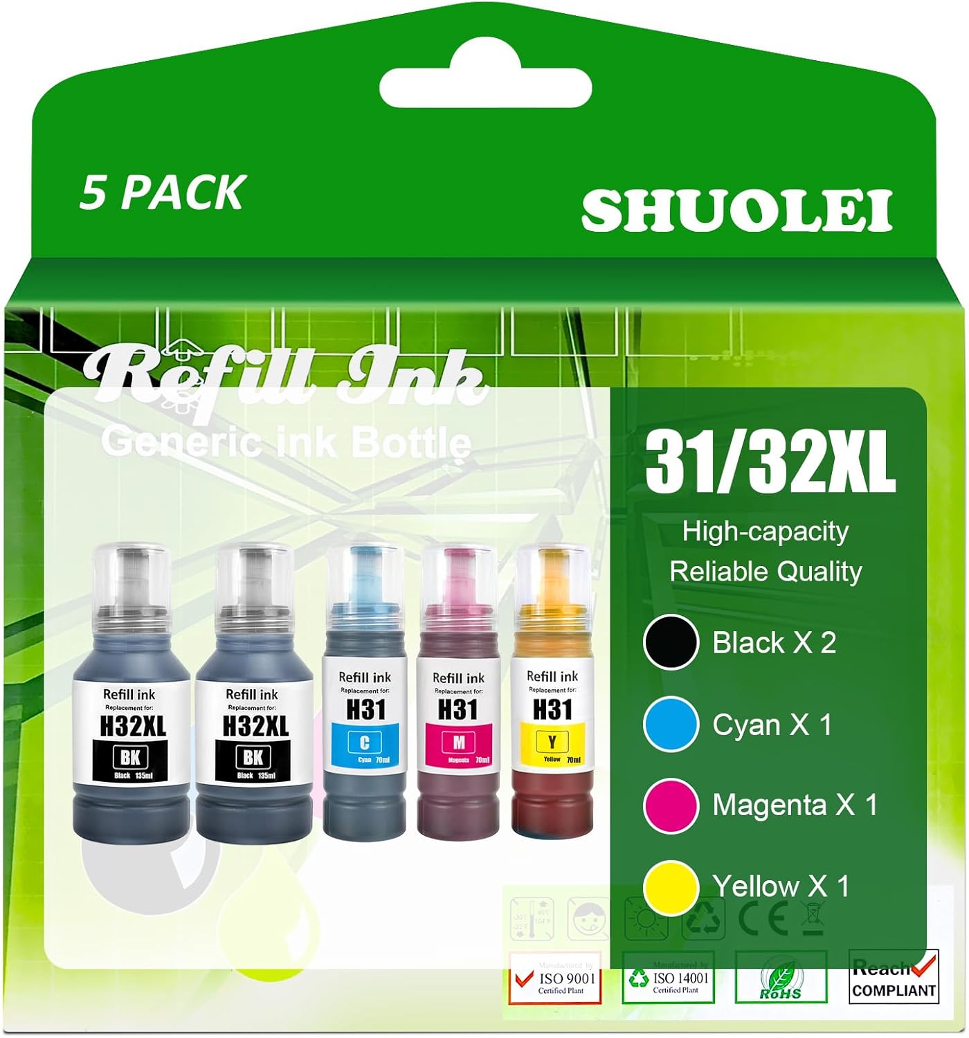 31 32XL Ink Bottle Set Replacement for Smart Tank 7602 Ink Refill Compatible for HP Smart Tank 7602 6001 7301 7001 5101 5103 Ink Refill 5 Pack