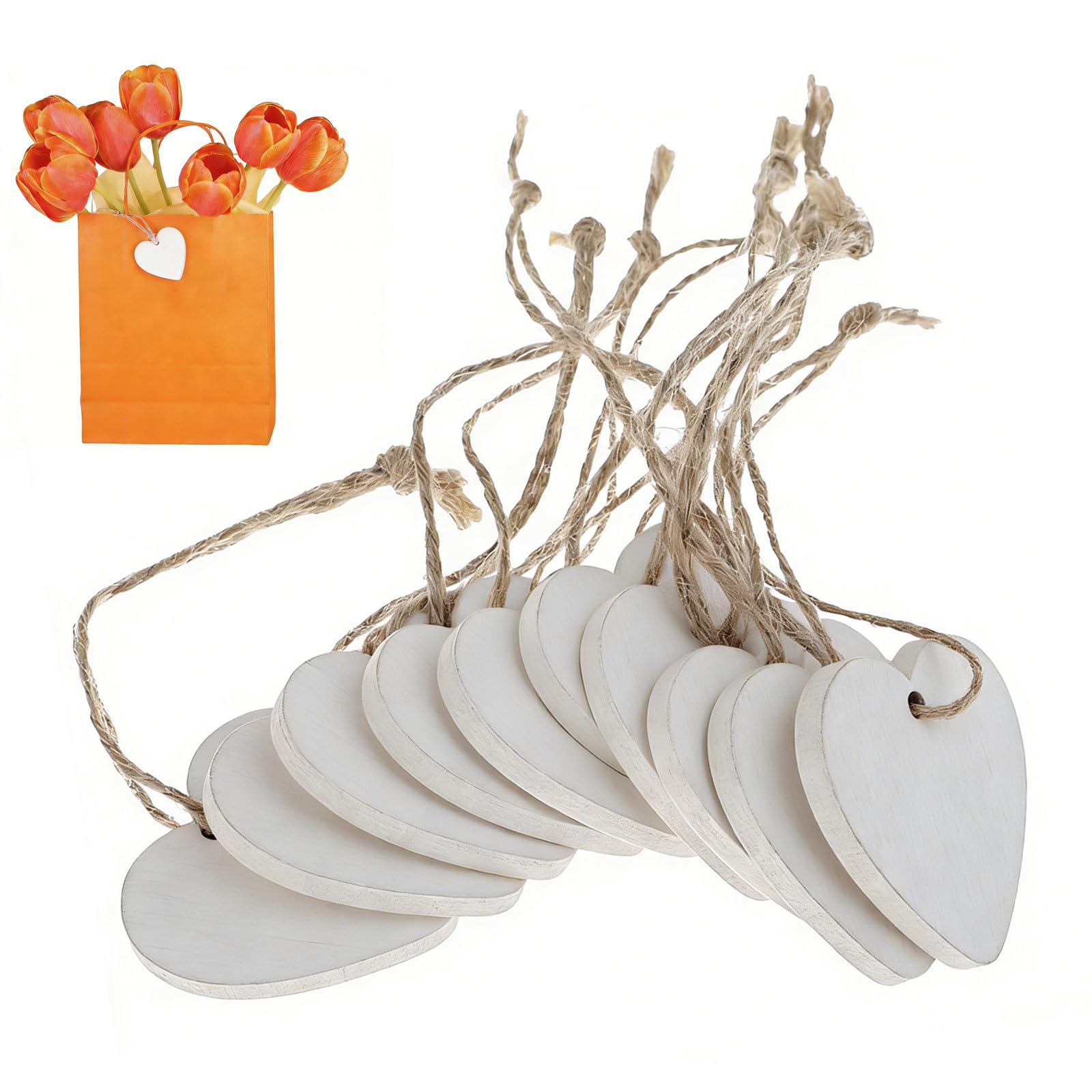 10 PCS 4cm*4cm White Wooden Love Hearts with String, Valentines Decorations, Wooden Hearts for Crafting,Durable Hanging Love Heart for Anniversary and Valentines Day Decorations