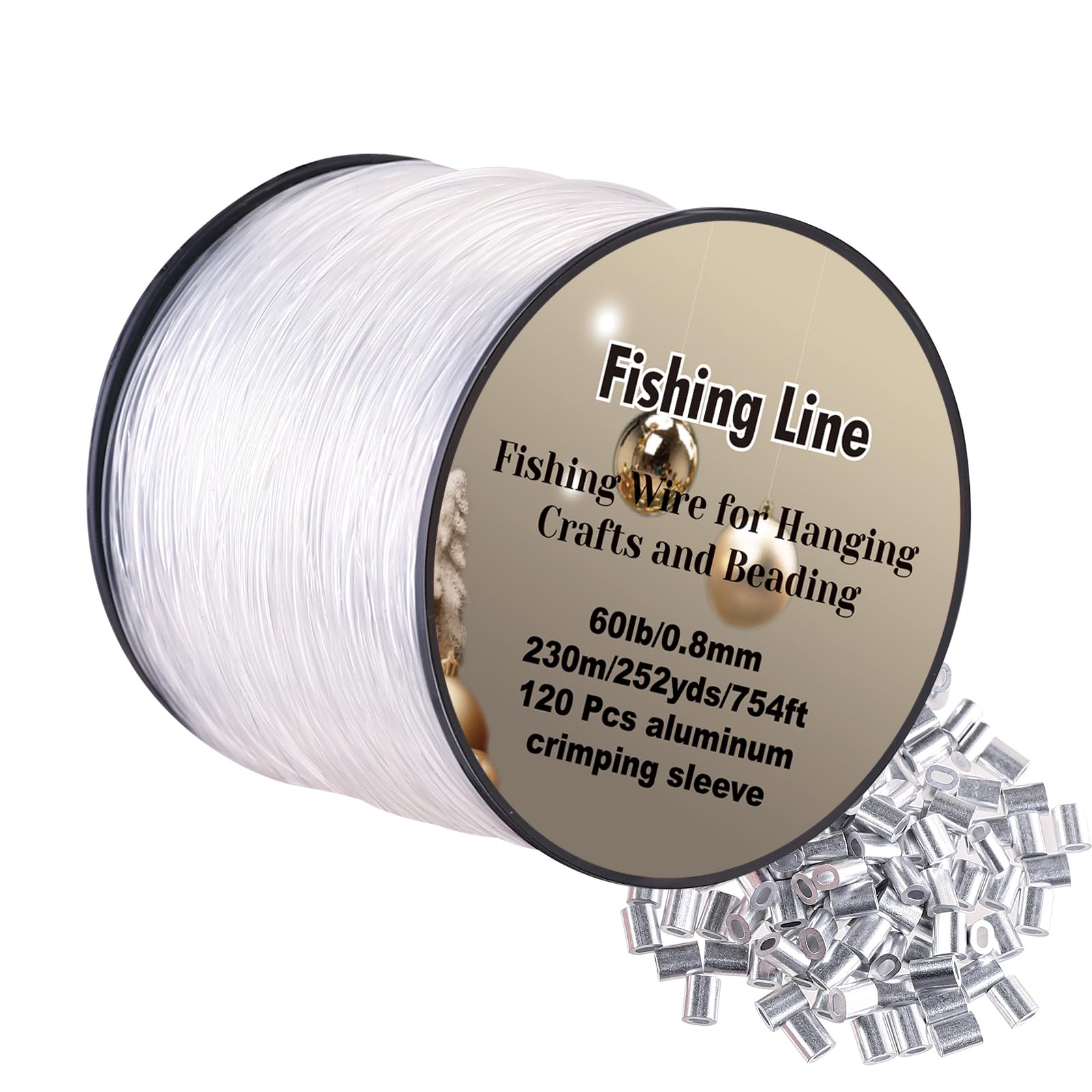 Strong Clear Invisible Hanging Wire 0.8mm 75 Lb, 754 FT (230m) Nylon Fishing Line with 120 Pcs Aluminum Crimping Sleeves for Crafts Beading Decorative Pictures Balloons Stringing Lights…