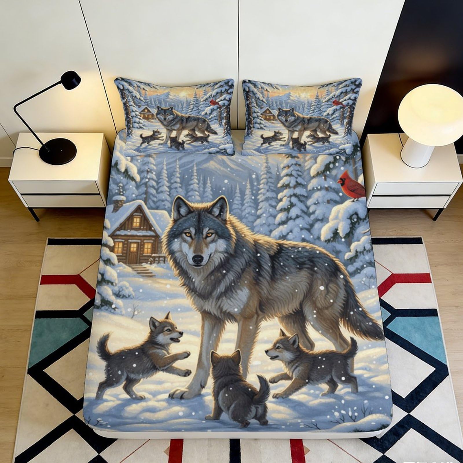 3D Printed Wolf Forest Fitted Sheet Microfiber Soft Animal Cabin Bed Cover for Bedroom Guest Room Decor 90x200x25cm