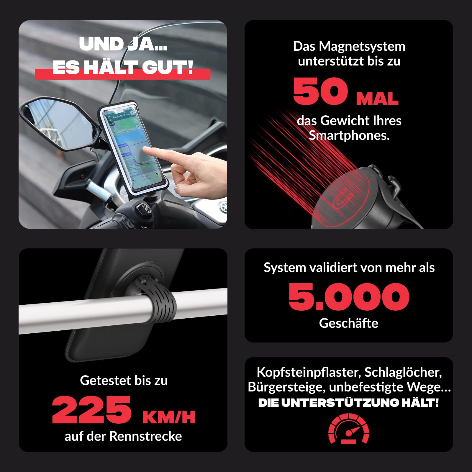 Shapeheart Handyhalterung für Motorradspiegel, abnehmbar & Weatherproof | Für alle Handys | Schraubbefestigung 8–17 mm | 1-Hand-Bedienung | Touchscreen | Dämpft Vibrationen | GPS, Roller, Scooter