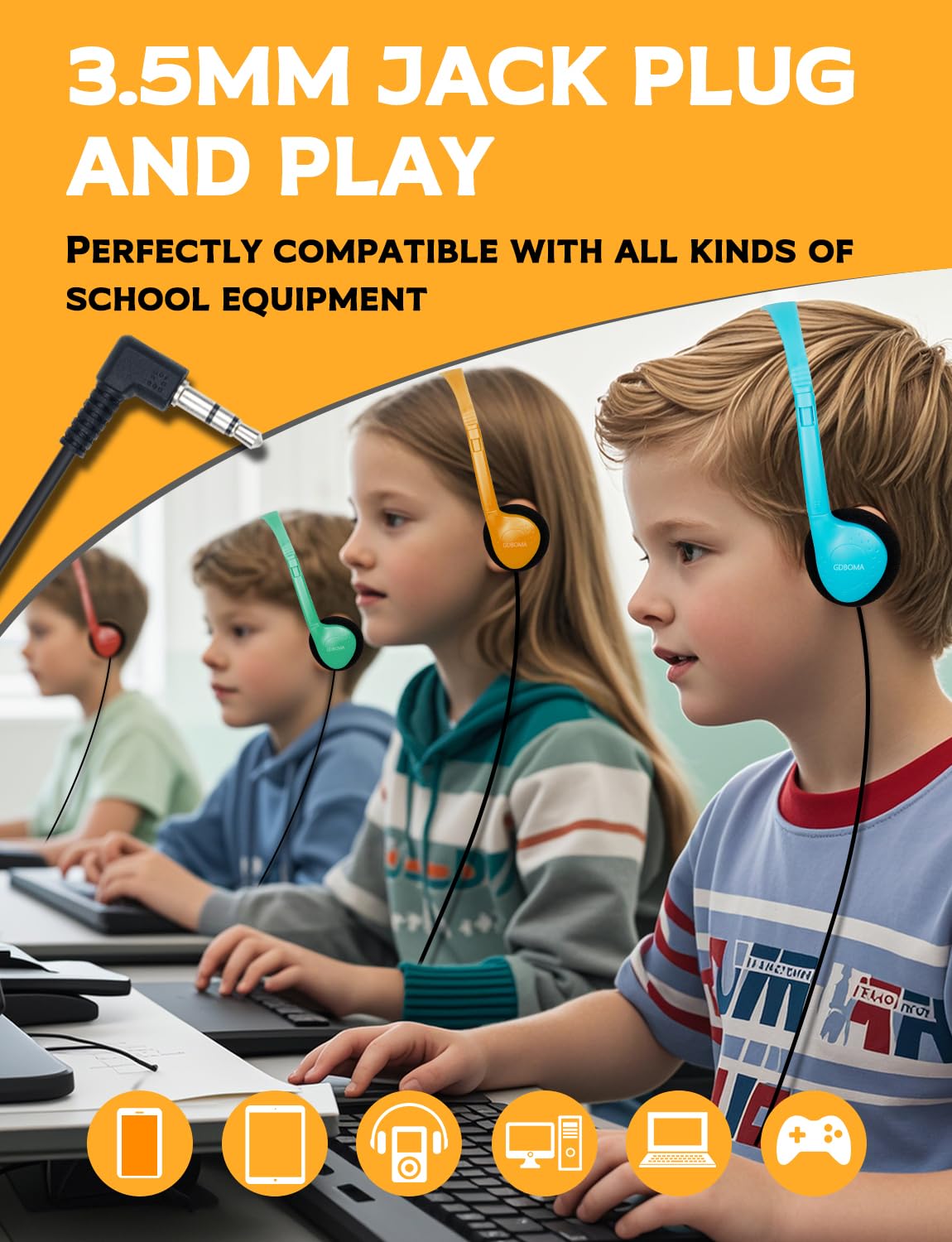 Paquete de 16 auriculares para niños a granel para la escuela, aula, estudiantes, niños, niñas, adolescentes y adultos, conector jack de 3.5 mm, multicolor