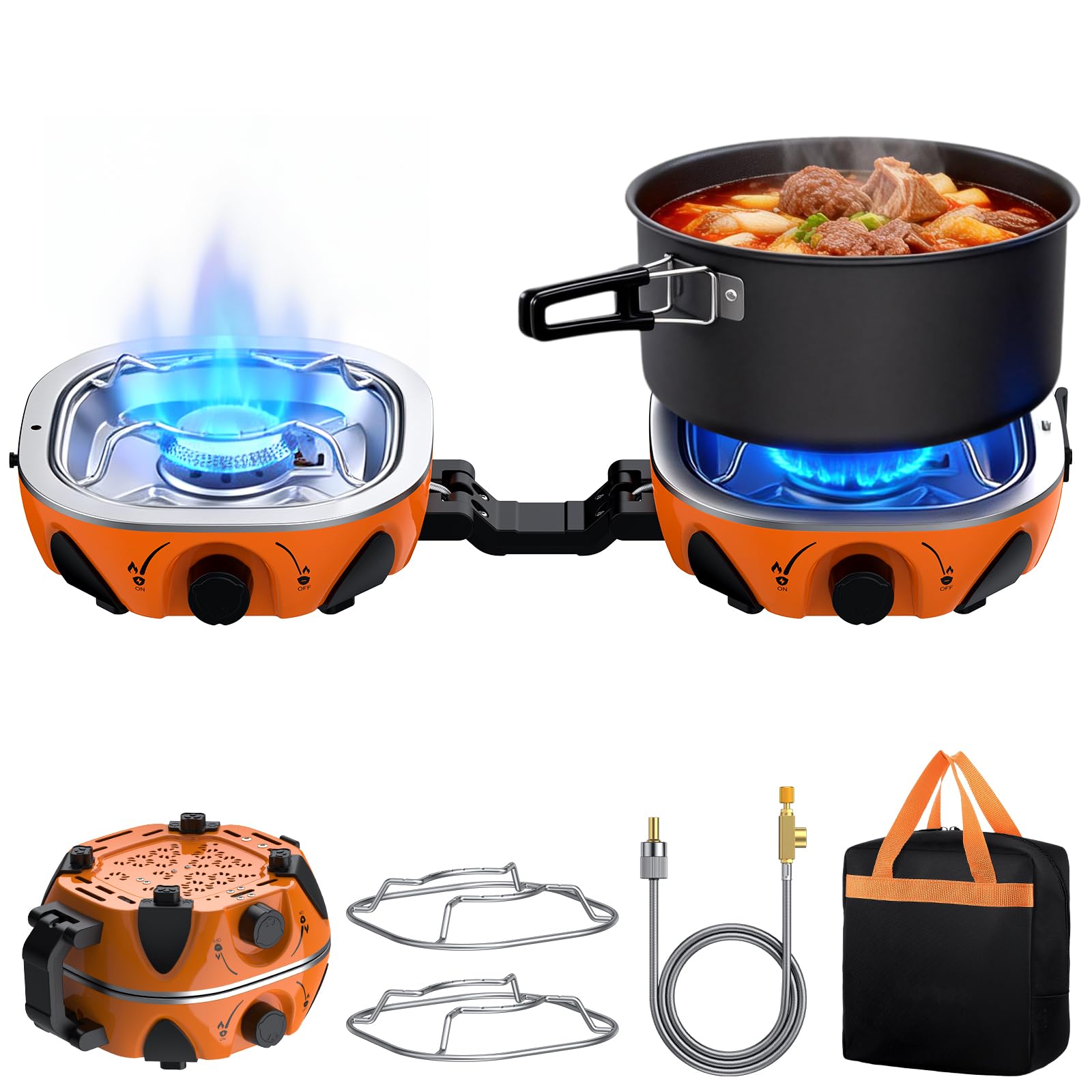 FUNYKICH Fornello da Campeggio a 2 Fuochi Pieghevole,2× 3Kw,Fornello da Campeggio,Fornello a Gas Portatile per Campeggio,Accensione Piezoelettrica,per Grill all’Aperto,con Borsa di Trasporto