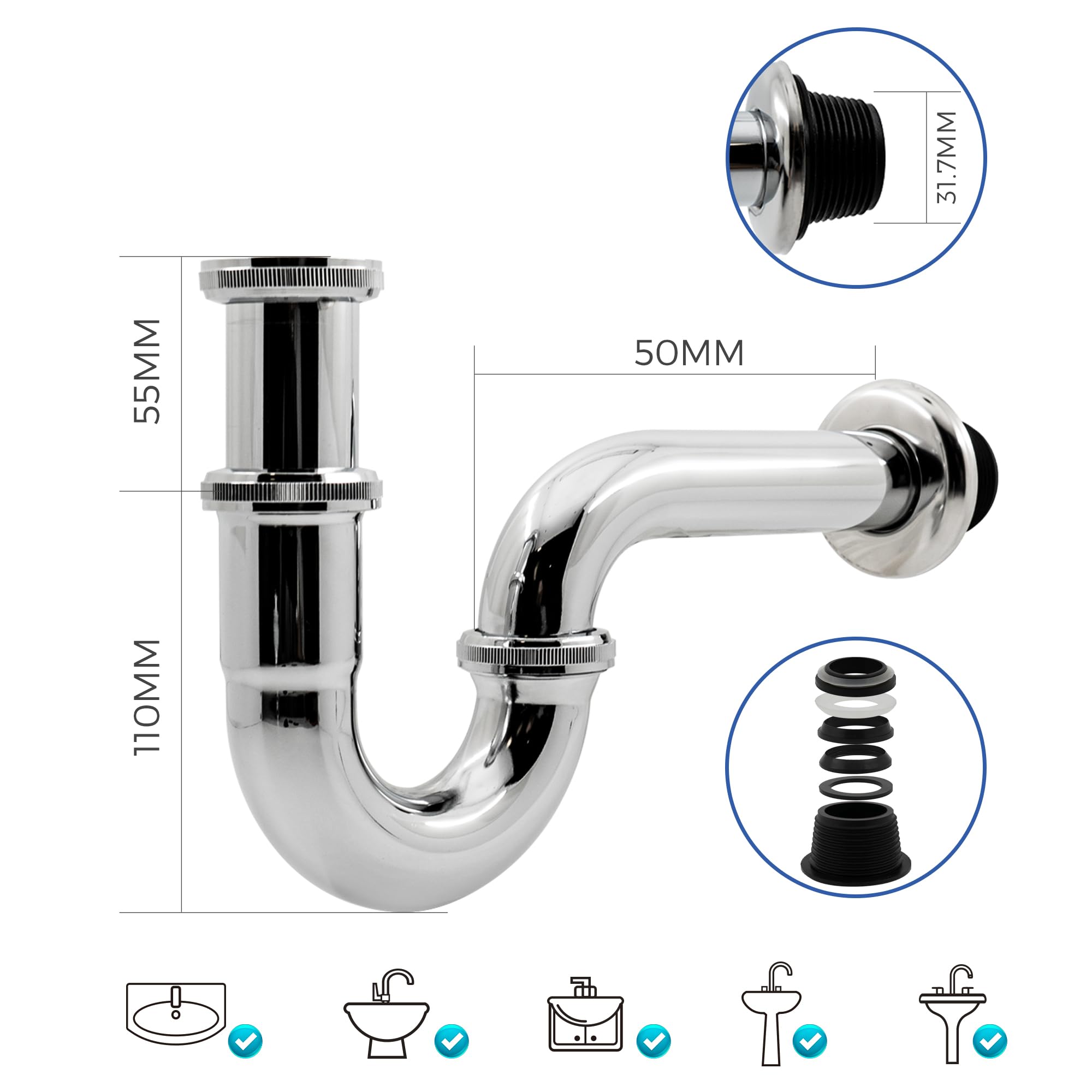 VANCOCO Basin Waste Assembly with Overflow (Chrome), Universal Basin Waste Trap with Pop-up Waste Valve - Image 3