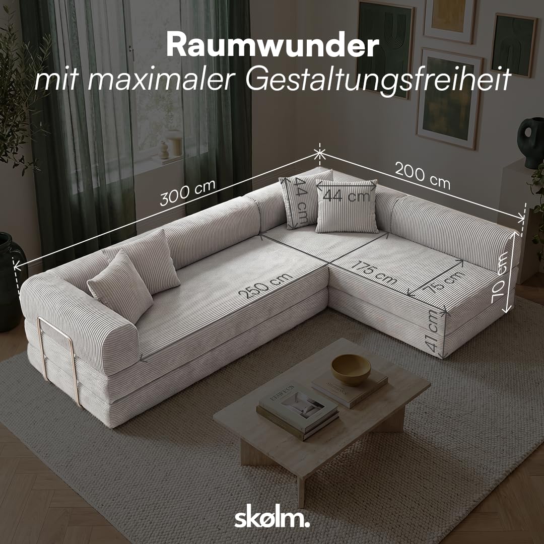 skølm Lofn Ecksofa 4 Sitzer – Wohnlandschaft L-Form Cord – Klappsofa 300cm breit Hellgrau – ausklappbar zum Schlafsofa/Bodensofa – Vollschaumcouch Boneless mit 4 Kissen & Stahlgestell vakuumverpackt