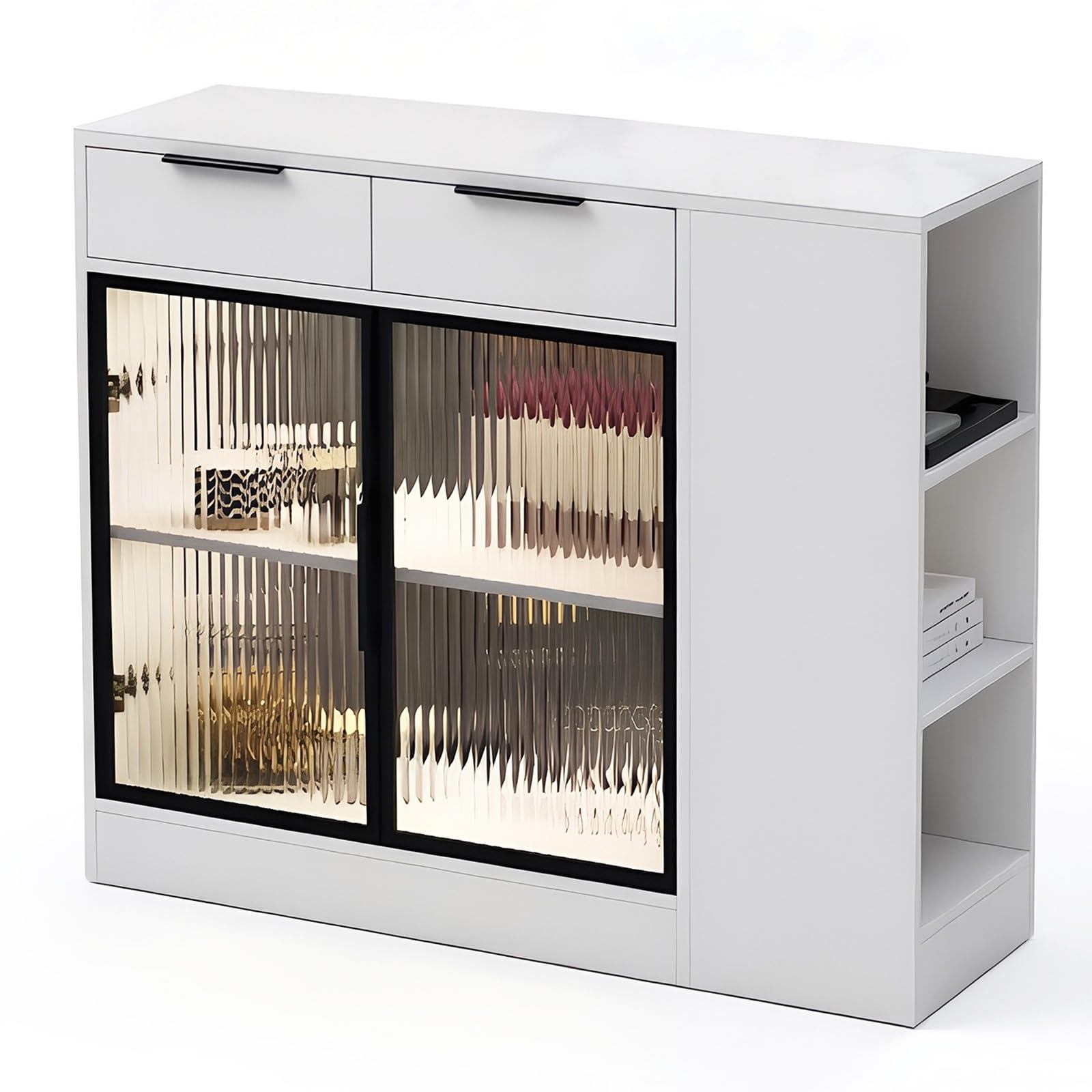 Zf9tBw5sH Unité d'îlot de Cuisine Buffet îlot avec tiroirs, Portes vitrées, étagères et Compartiments de Rangement Ouverts