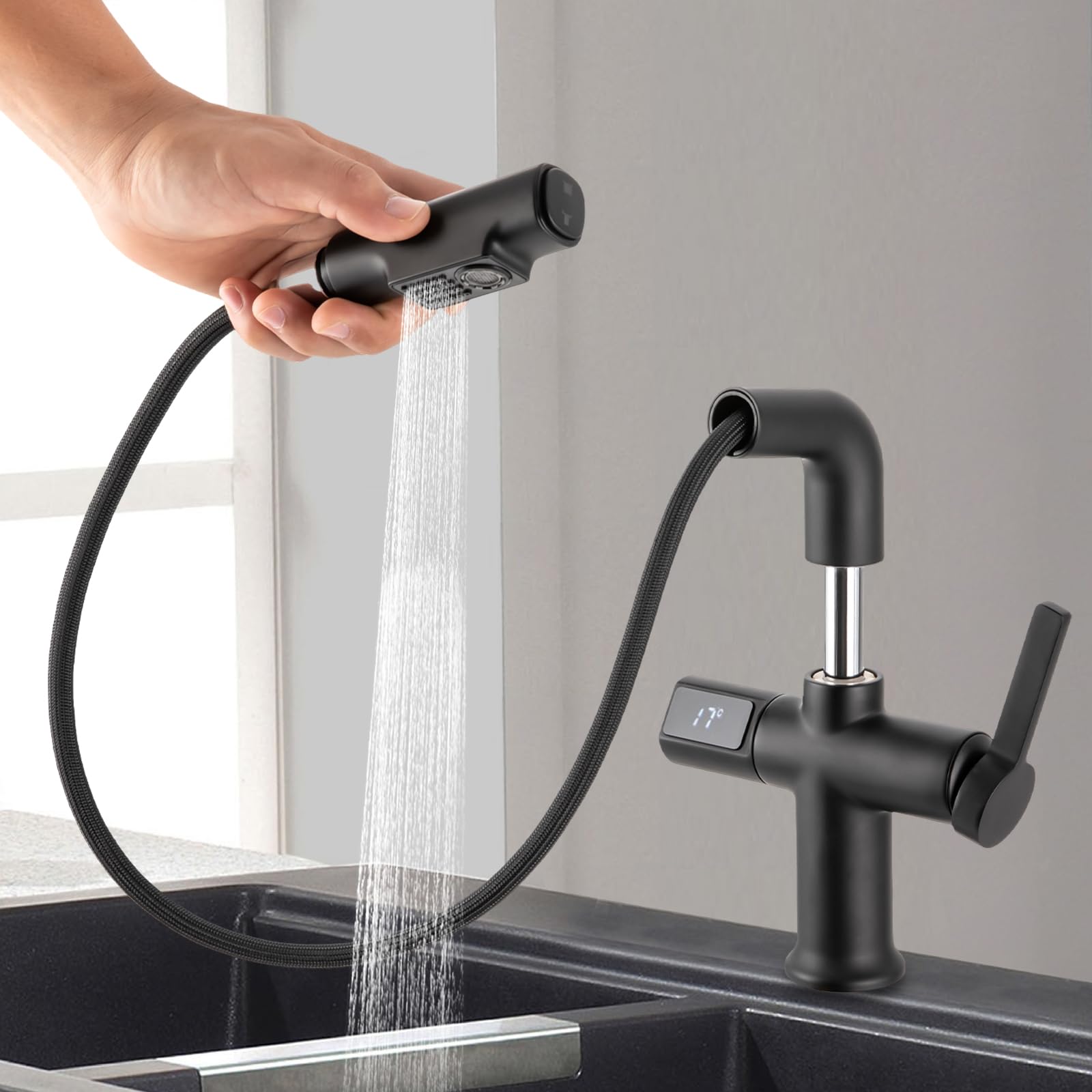 Grifo extensible para el fregadero de la cocina con indicador de temperatura digital, grifo de cocina con ducha extraíble, grifo giratorio y extensible 21,4 x 24,5 cm (negro)