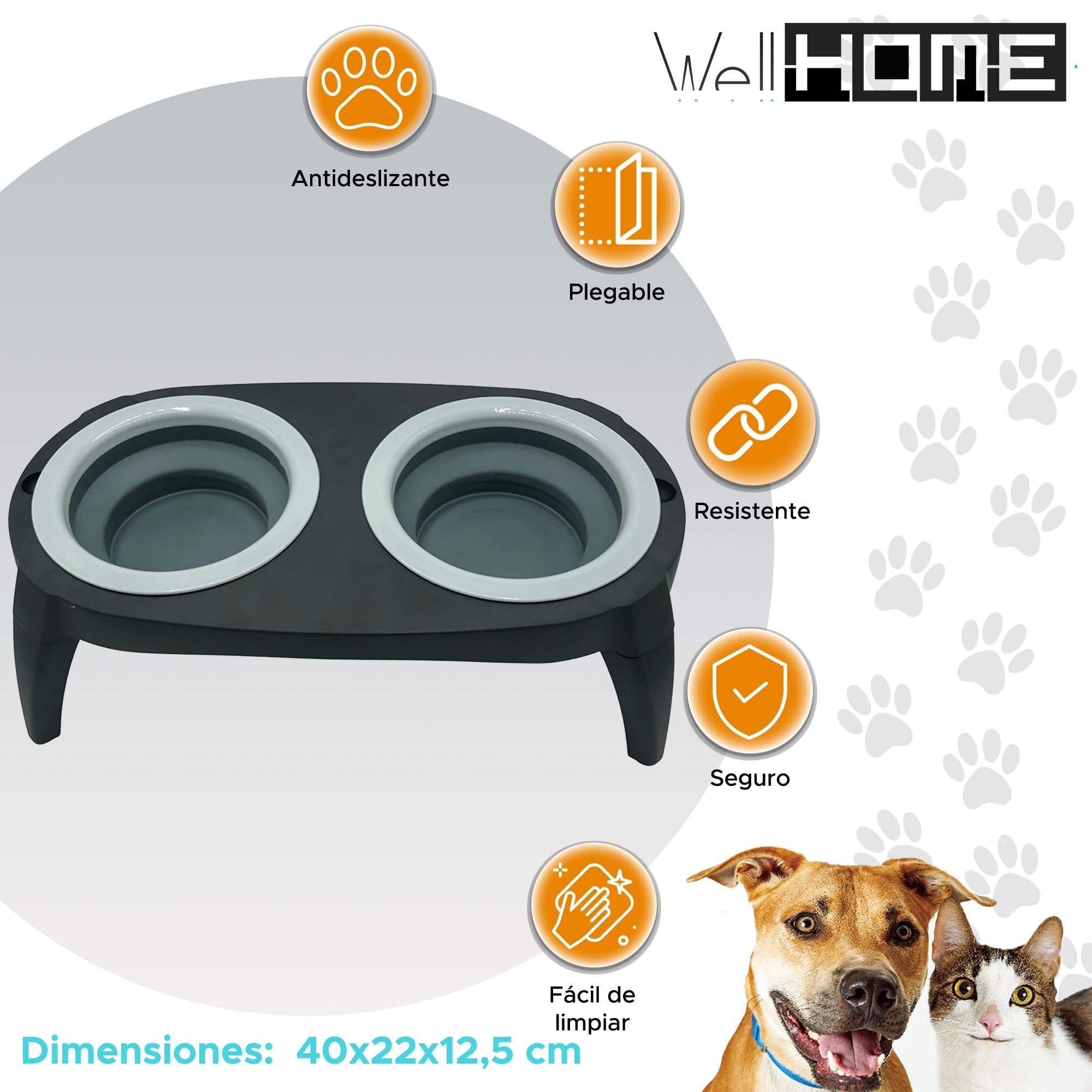 Well Home Silicone Double Feeder, Grey and Black, 40 x 22 cm, Non-Slip, black/grey - Image 2