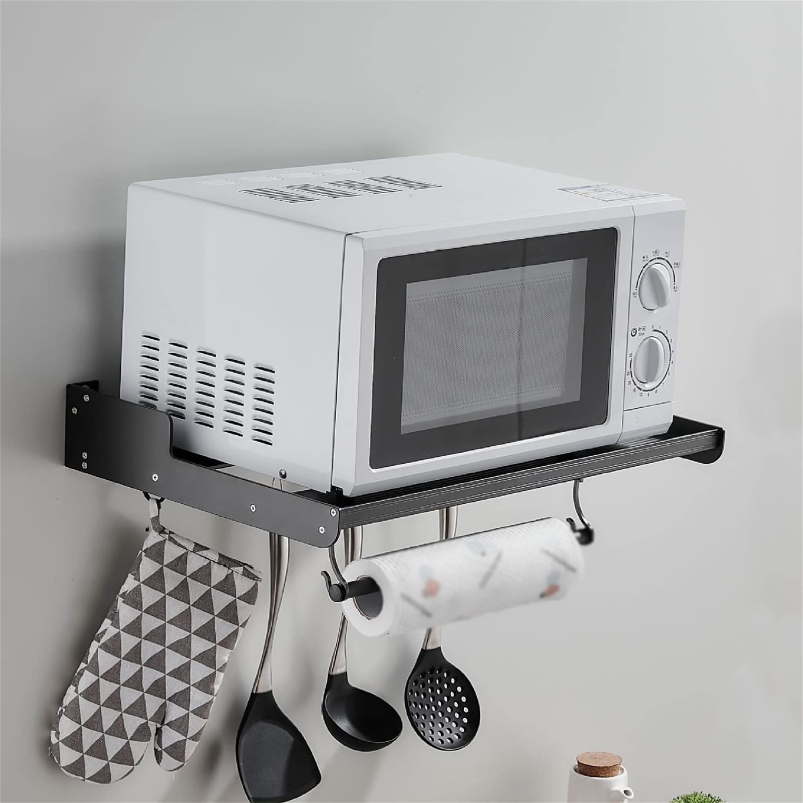 GLJTUO Wall Mounted Microwave Shelf - Sturdy Metal Kitchen rage Rack with 3 Hooks Space-Saving for Pots Pans & Utens - Ideal Kitchen Extension Solution