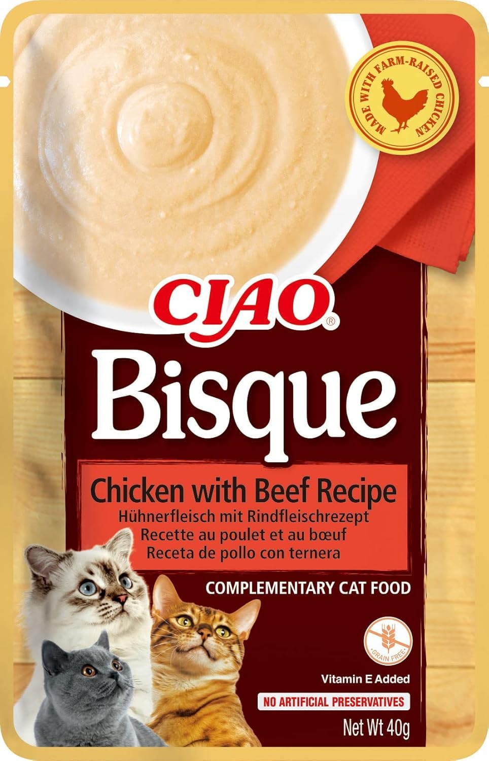 Ciao Bisque by INABA Wet Cat Food - Chicken with Beef - 1 Pack (40g total) / Moist Treat, Delicious & Healthy Snack, Side Dish, Complement, Natural, Grain Free, Wet Cat Food