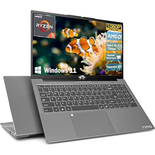 NIMO 15.6 Student-Laptop, AMD Ryzen 5 (Beat i5-1135G7), 8GB RAM 256GB SSD, Radeon Vega 8 GPU, Backlit KB, Type-C PD 65W, Fingerprint Unlock, USB3, 2.0MP Camera, Win 11 Notebook for Business Study Work