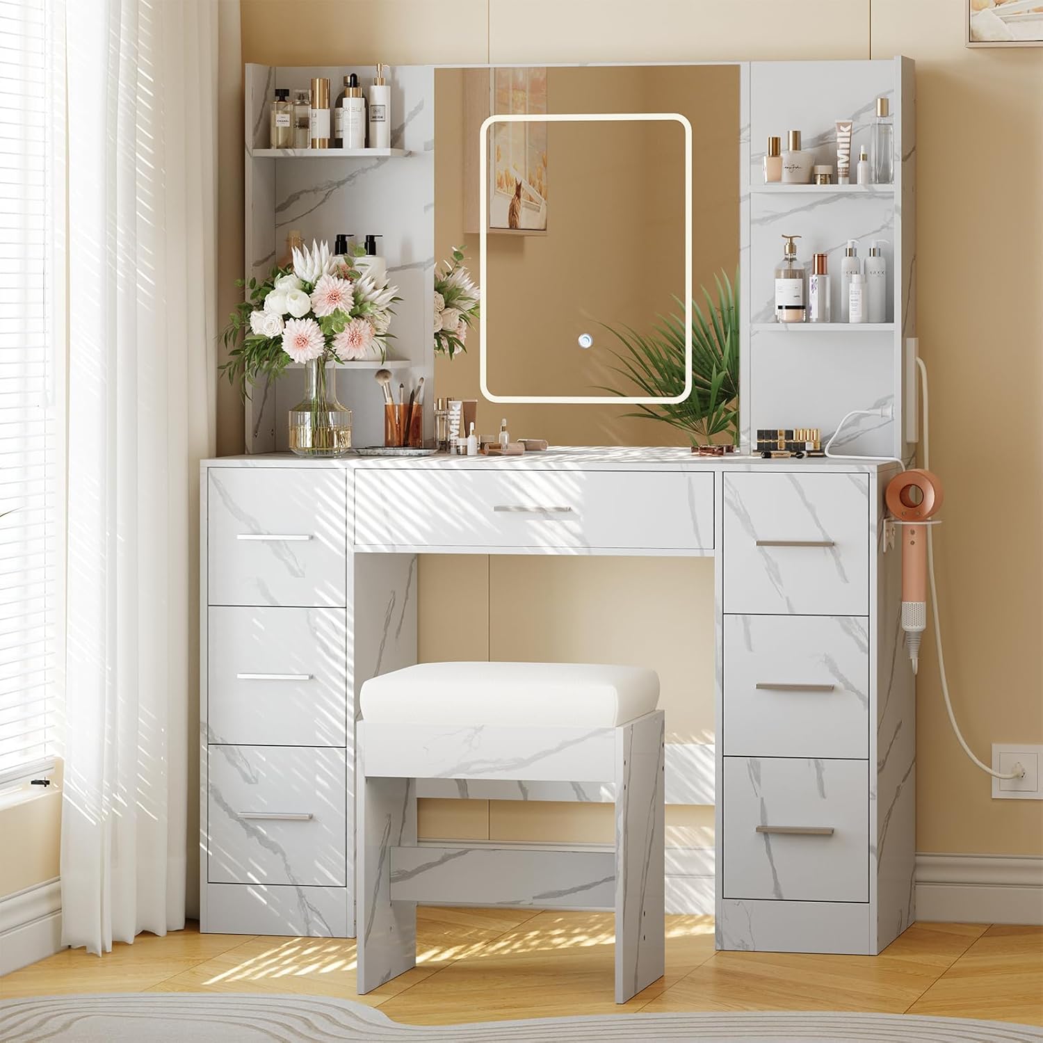 Vanity Desk with Lights, Makeup Vanity Table with Large Mirror and Chair, Power Outlet, Hair Dryer Rack, 7 Drawers, 3 Lighting Modes Brightness Adjustable Dressing Table for Bedroom Marble White