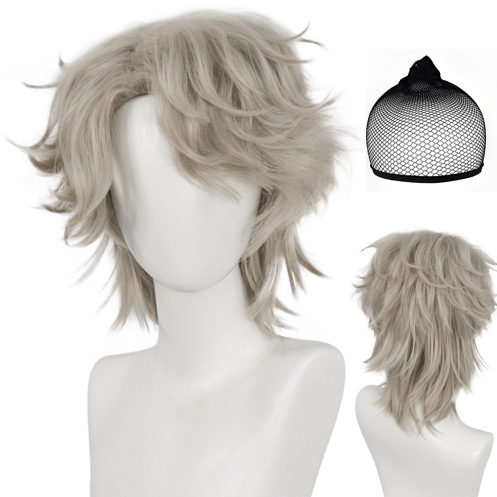 BESTBEL+ Hair Cap Short Blonde Wig for Men Wolf Tail Wig with Side Bangs Blonde Anime Wig for Halloween Cosplay Men Cosplay Outfit Synthetic Hair for