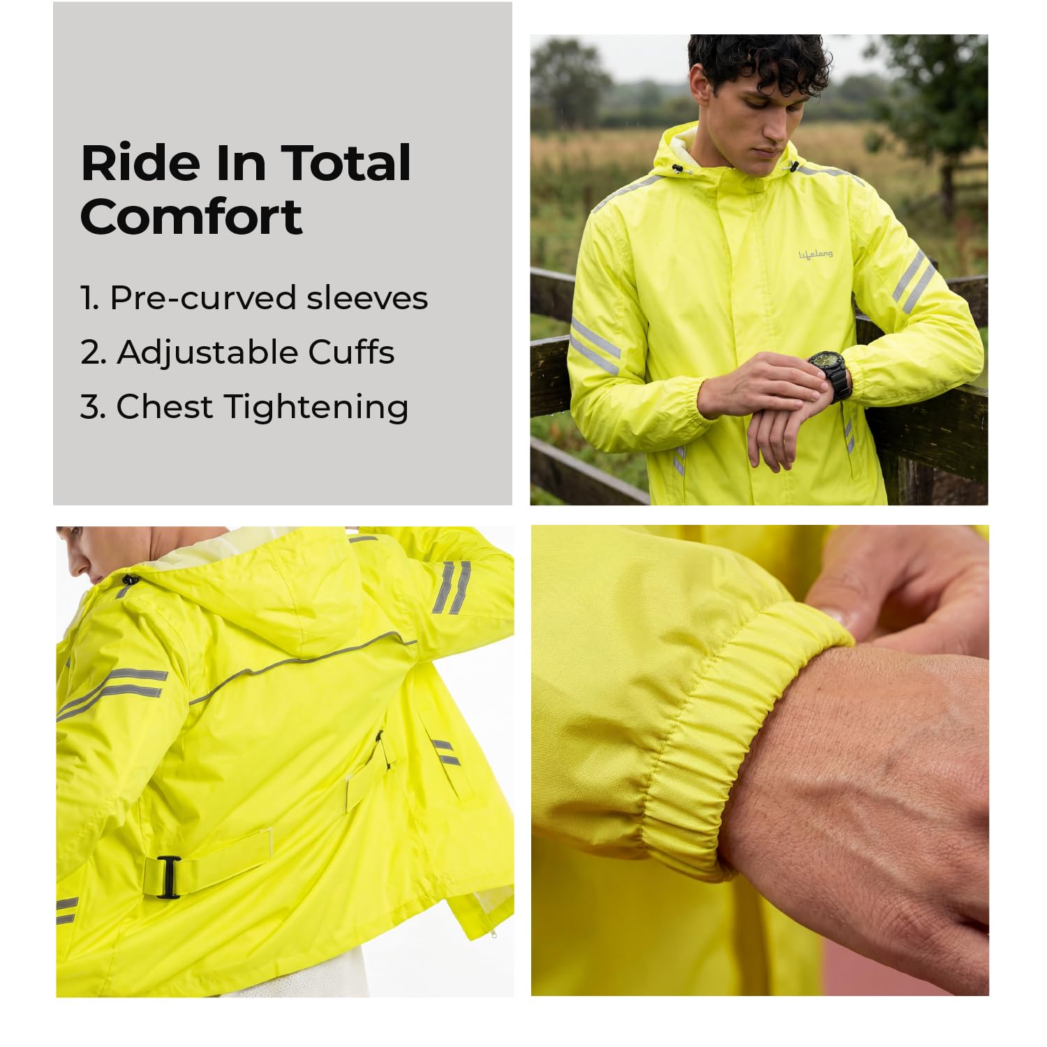 Lifelong Unisex Adult H2Go Pro 3 Rain Standard Length Jacket I 10000mm Waterproof Nylon Shell | Motorcycle Riding Rain Jacket | Heat Sealed Seams | Drycore WR Zippers - Hi-Viz Green, L 3