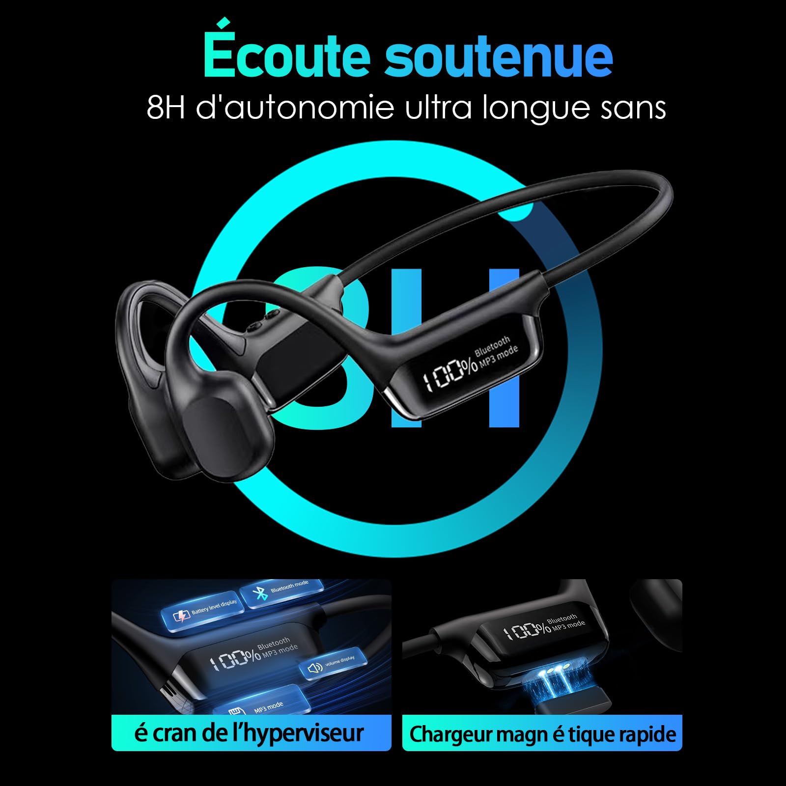 Casque Conduction Osseuse Bluetooth 5.3 - Open Ear Casque Sans Fil