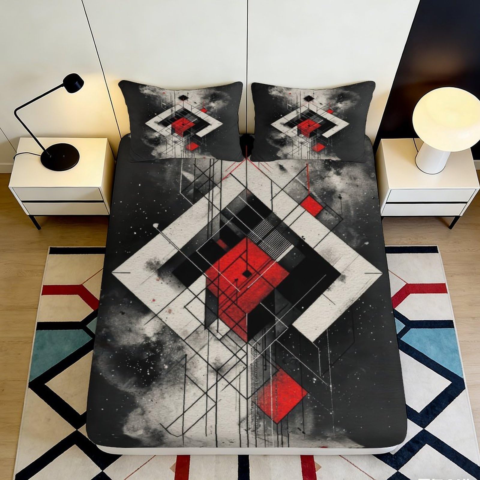 3D Printed Geometric Abstract Fitted Sheet Microfiber Soft Breathable Modern Art Bed Cover for Bedroom Dormitory Guest Room Mattress Protection Decor 120x200x25cm