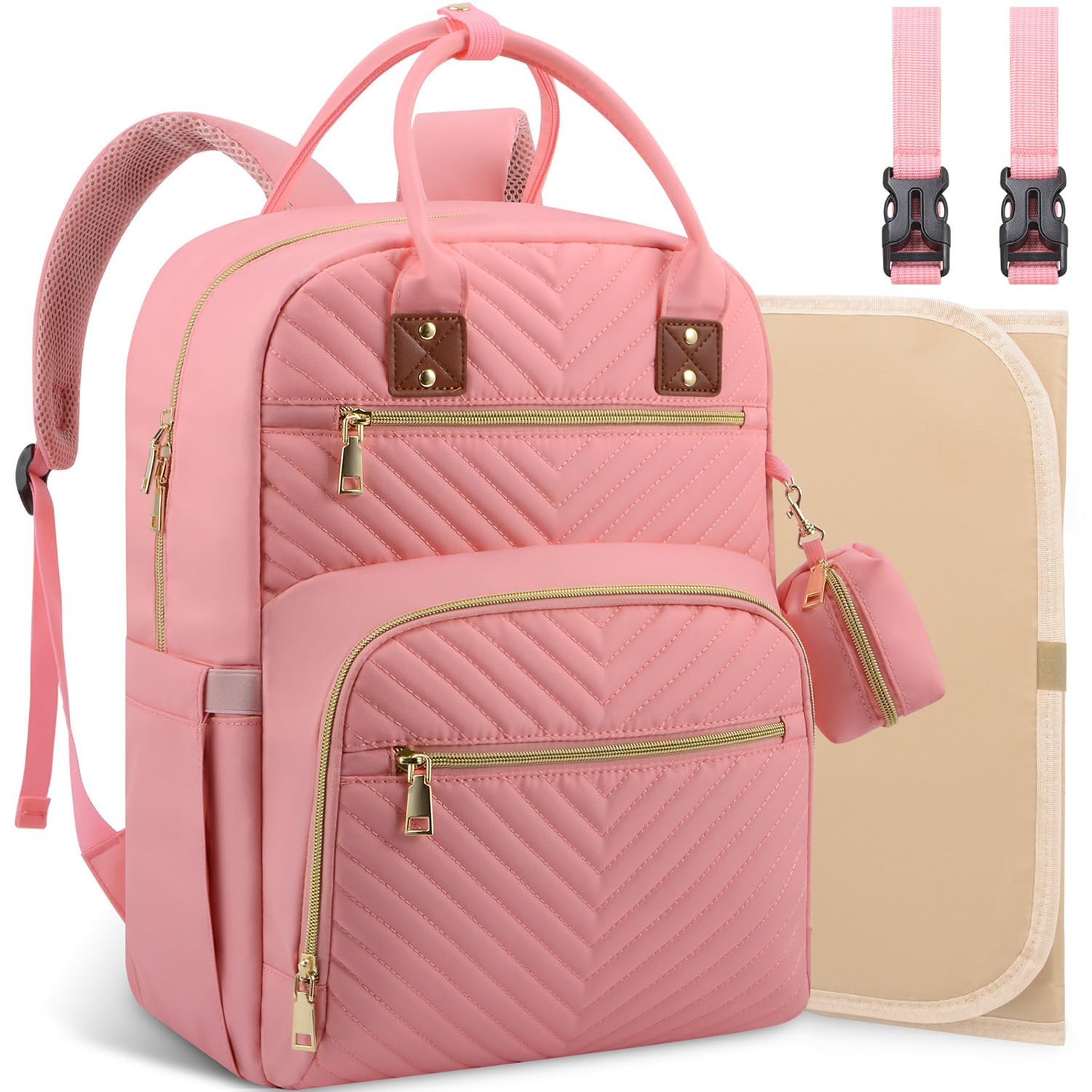 Tenot Diaper Bag Backpack, Baby Diaper Bag with Changing Pad Light Pink