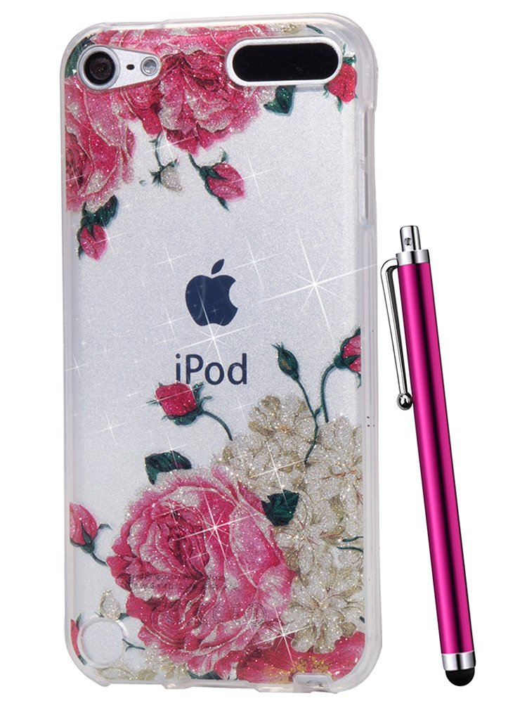 iPod 6 Case for Girls,Clear iPod Touch 5th Generation Case,CAIYUNL Floral Flowers Pattern Design Cute Clear Cover Slim TPU Soft Glitter Bling shockproof itouch Bumper for Apple iPod Touch 5&Stylu-Pink