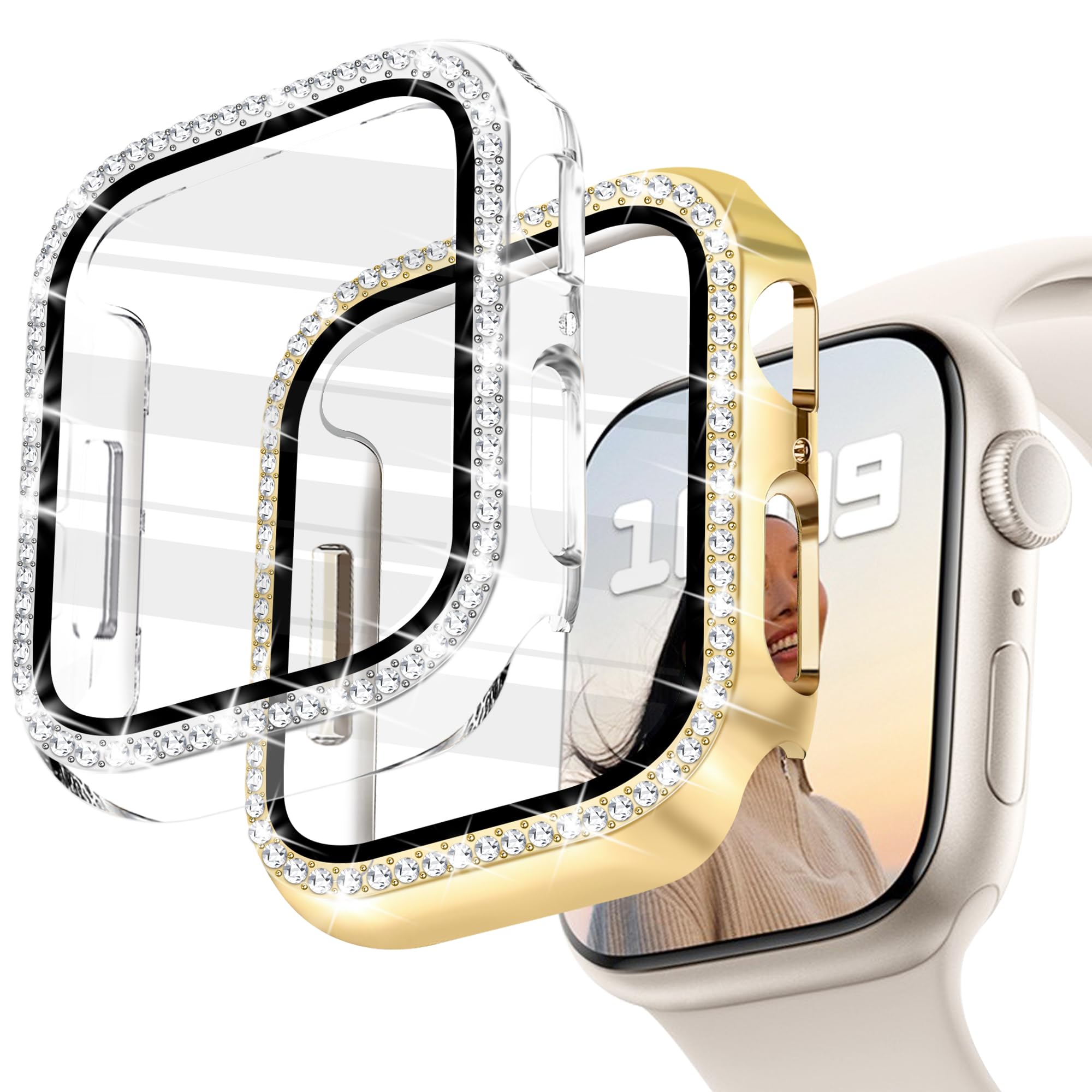 JR.DM 2 Pack Bling Case with HD Screen Protector Compatible with Apple Watch Series 4 5 6 SE 40mm, Women Glitter Diamond Rhinestone Bumper Face Cover