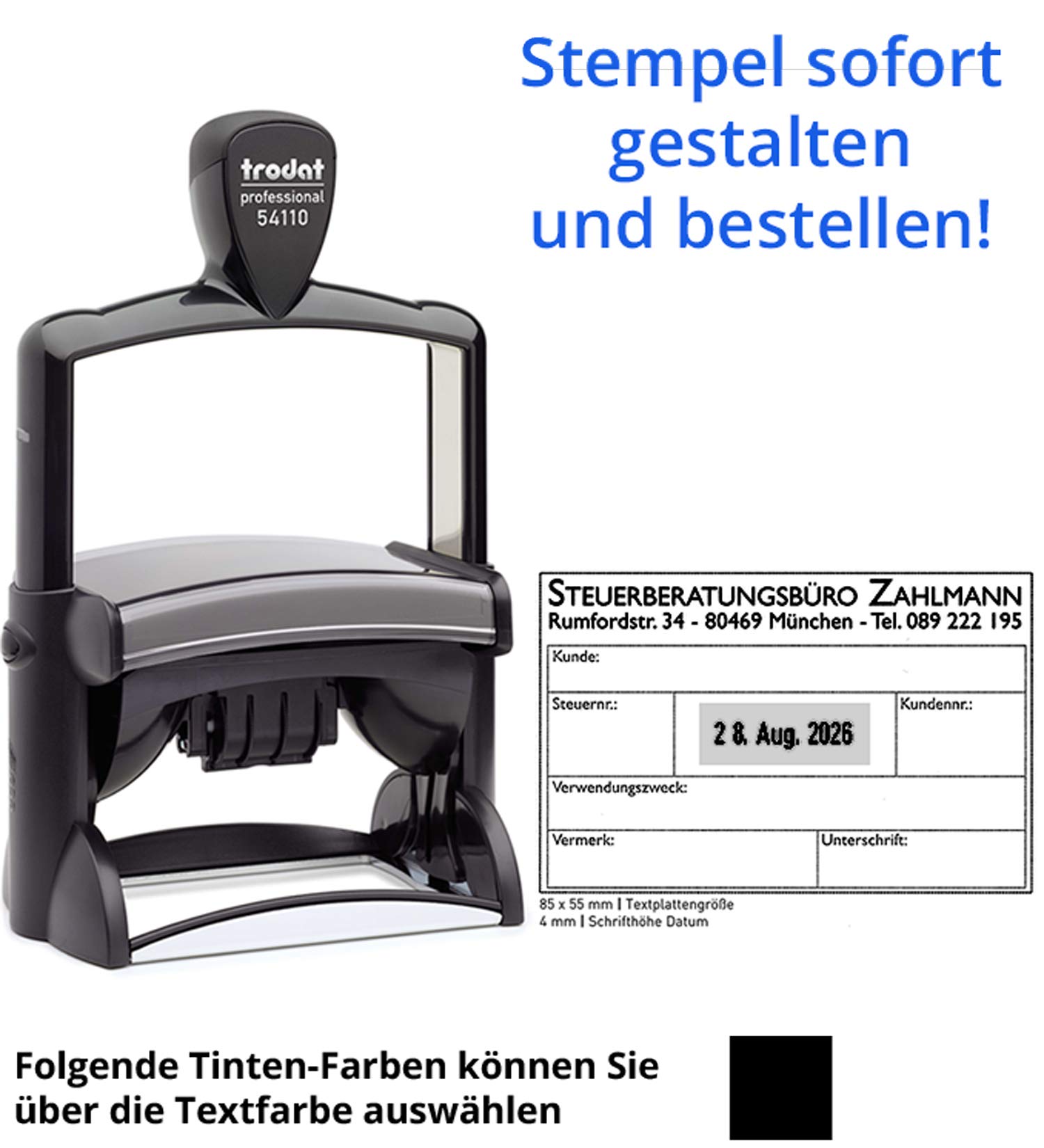 Trodat Professional Text- & Datumsstempel 54110-85 x 55 mm - 12-zeiliger Stempel mit Datum ACHTUNG Deutsche Wochentage, in verschiedenen Farben, gleich Online gestalten!!! (schwarz)