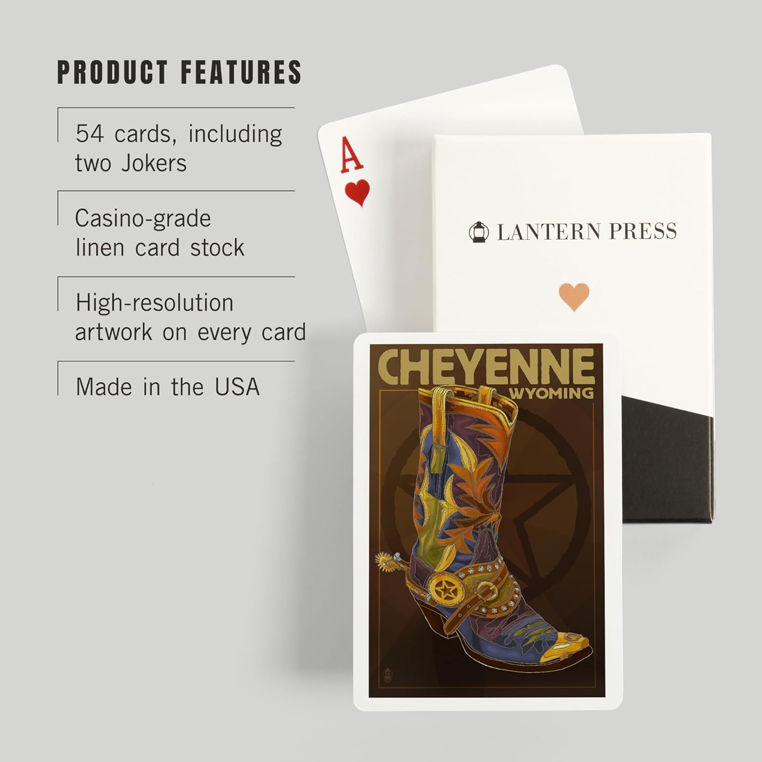 Lantern Press Cheyenne, Wyoming, Boot and Star, 52 Playing Cards for Adults, Poker Size Card Deck