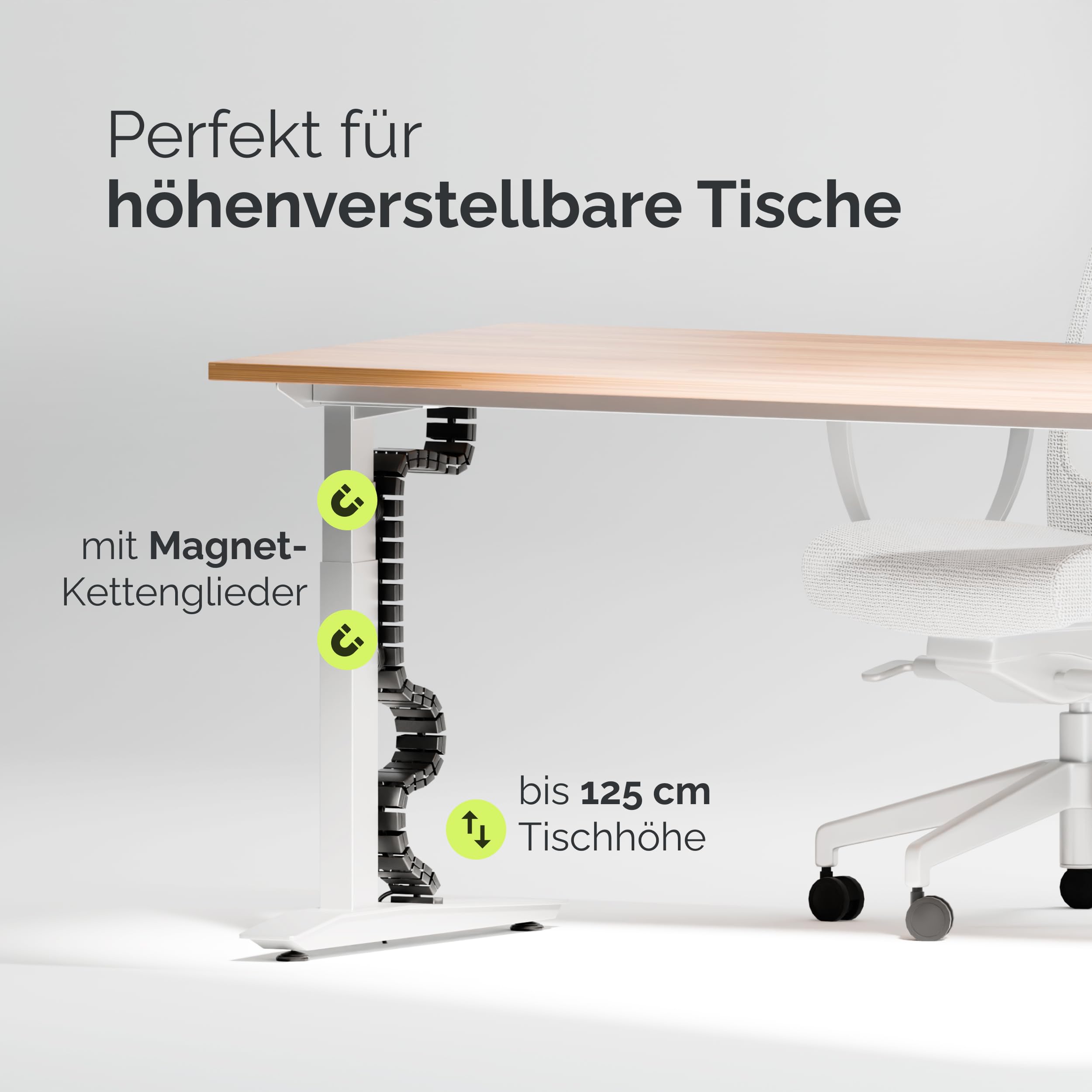VALU Kabelführung Schreibtisch 128cm Flexibles Kabelmanagement mit Schraub- oder Klebemontage inkl. 4 Magnete & 3 Kabelhalter