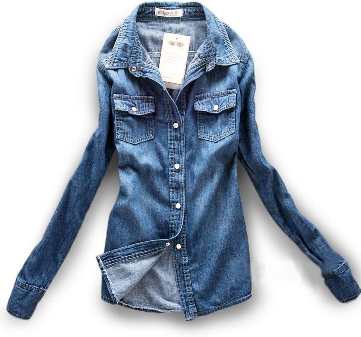 Seeknice Women's Double Pocket Long Sleeve Denim Shirt (Asia XX-Large, Dark Blue)