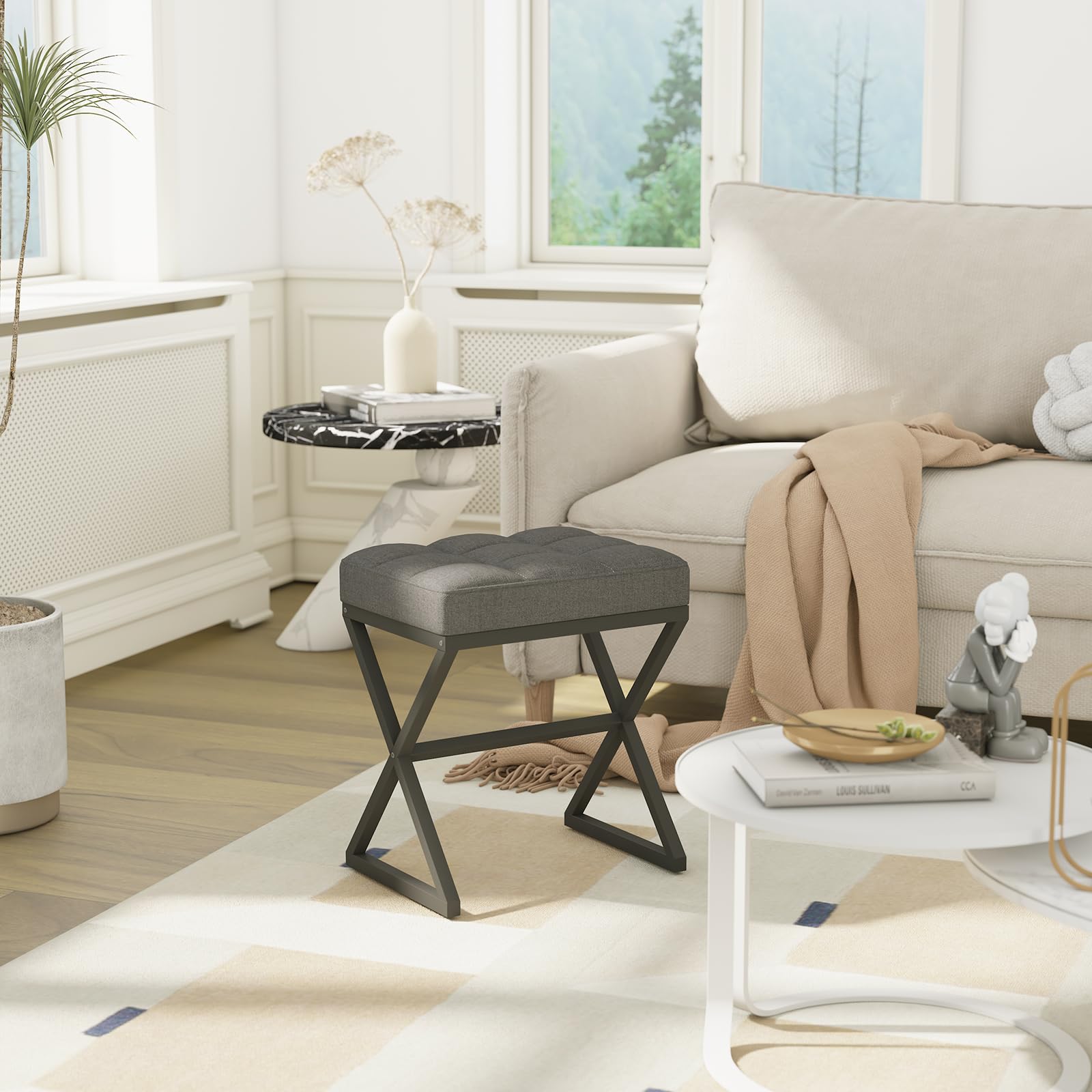 YMYNY Pouf Sgabello per Trucco, Poggiapiedi per Piedi, Sgabello con Seduta in Lino, Ottomano per Trucco con Gambe in Metallo a Forma di X', per Vanità Soggiorno Ingresso 40×30×46CM Grigio HBD033G