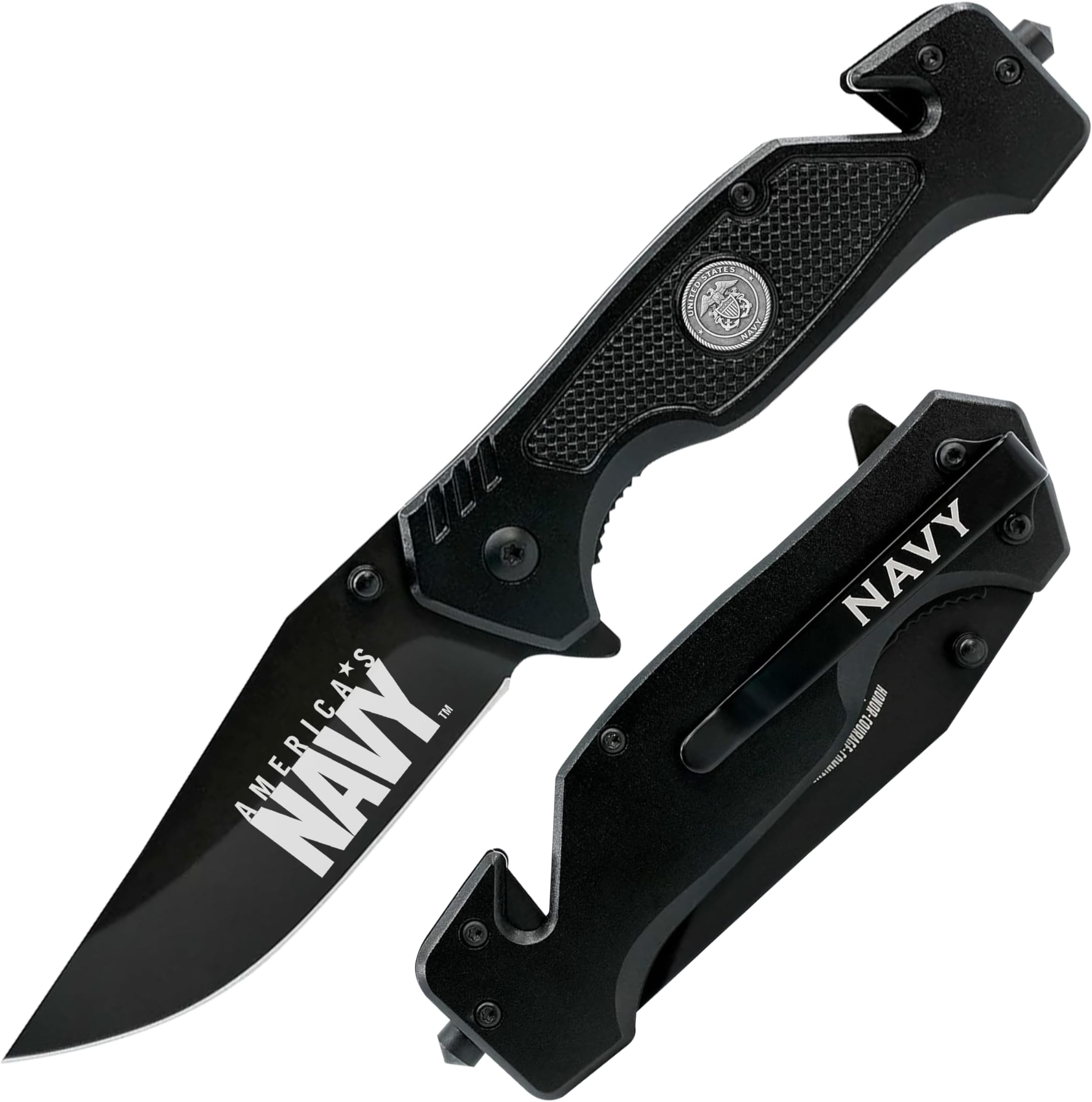 Navy Folding Elite Black Stealth Knife - USN Rescue Knife - Great Gift for the Sailor in your Life - Navy Knife Black