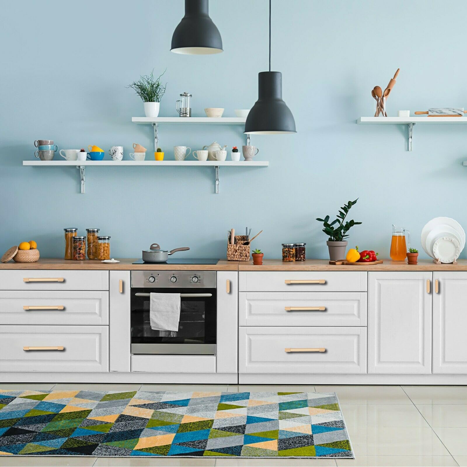 FURNIWARE 10 sztuk radełkowanych uchwytów meblowych, rozstaw otworów: 128 mm, uchwyty kuchenne, uchwyty do szuflad, mosiężne, do szafek kuchennych