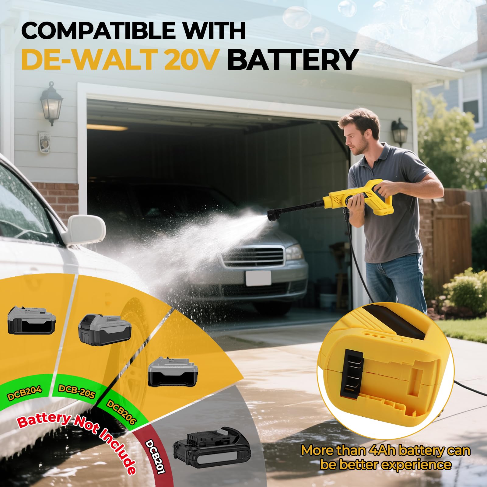 Nettoyeur haute pression sans fil pour Dewalt 18 V 20 V, 25 000 tr/min, nettoyeur de voiture portable sans balais avec écran LCD et 4 niveaux de vitesse pour nettoyer les sols, clôtures et murs (jaune