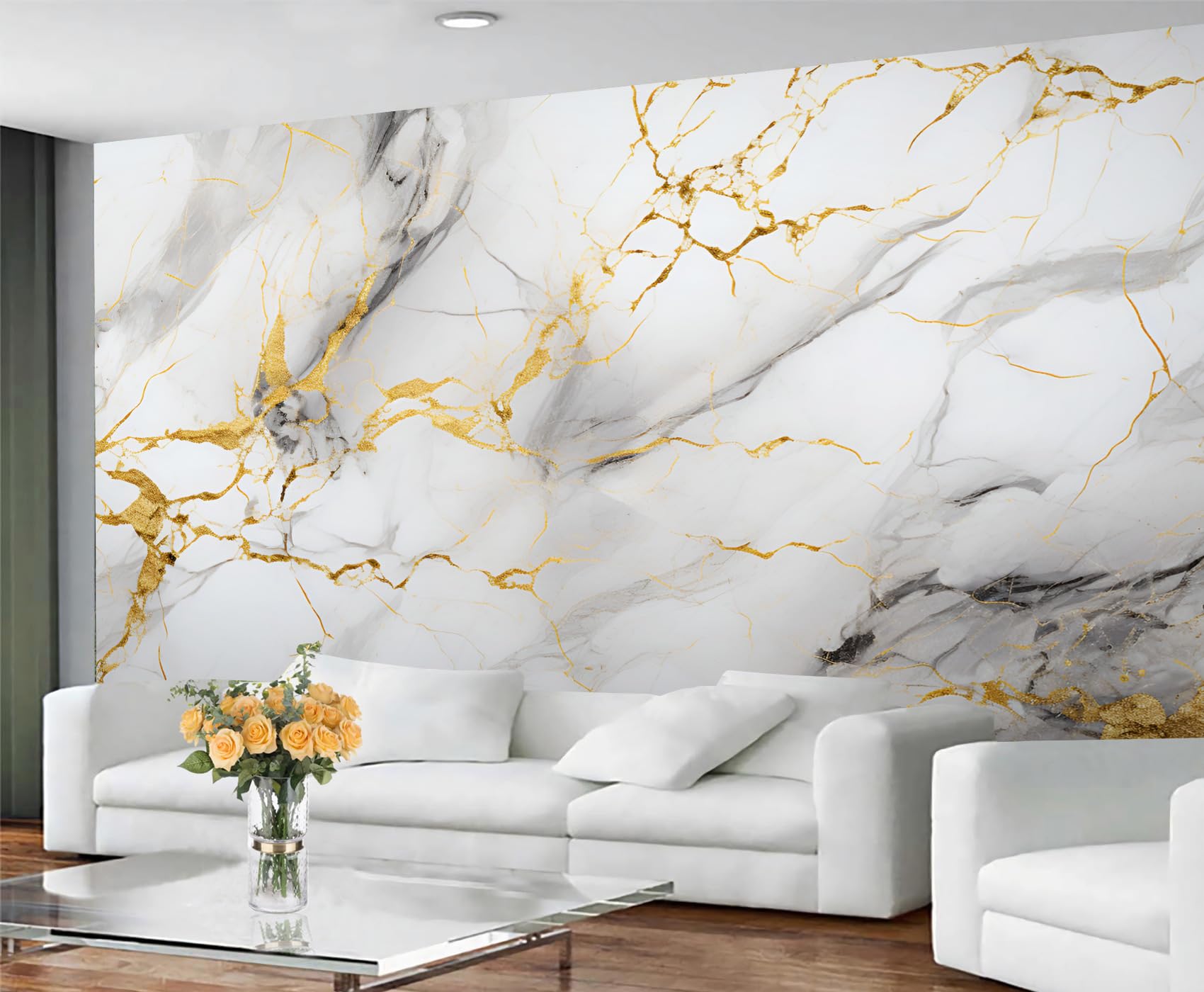 YXQAIED Marble Wallpaper, Modern Marble Bedroom Wallpaper, White Gold Wall Paper for Living Room, Not Self Adhesive Abstract Line Geometry Photo 3D Wall Murals & Room Decor, 350x256cm