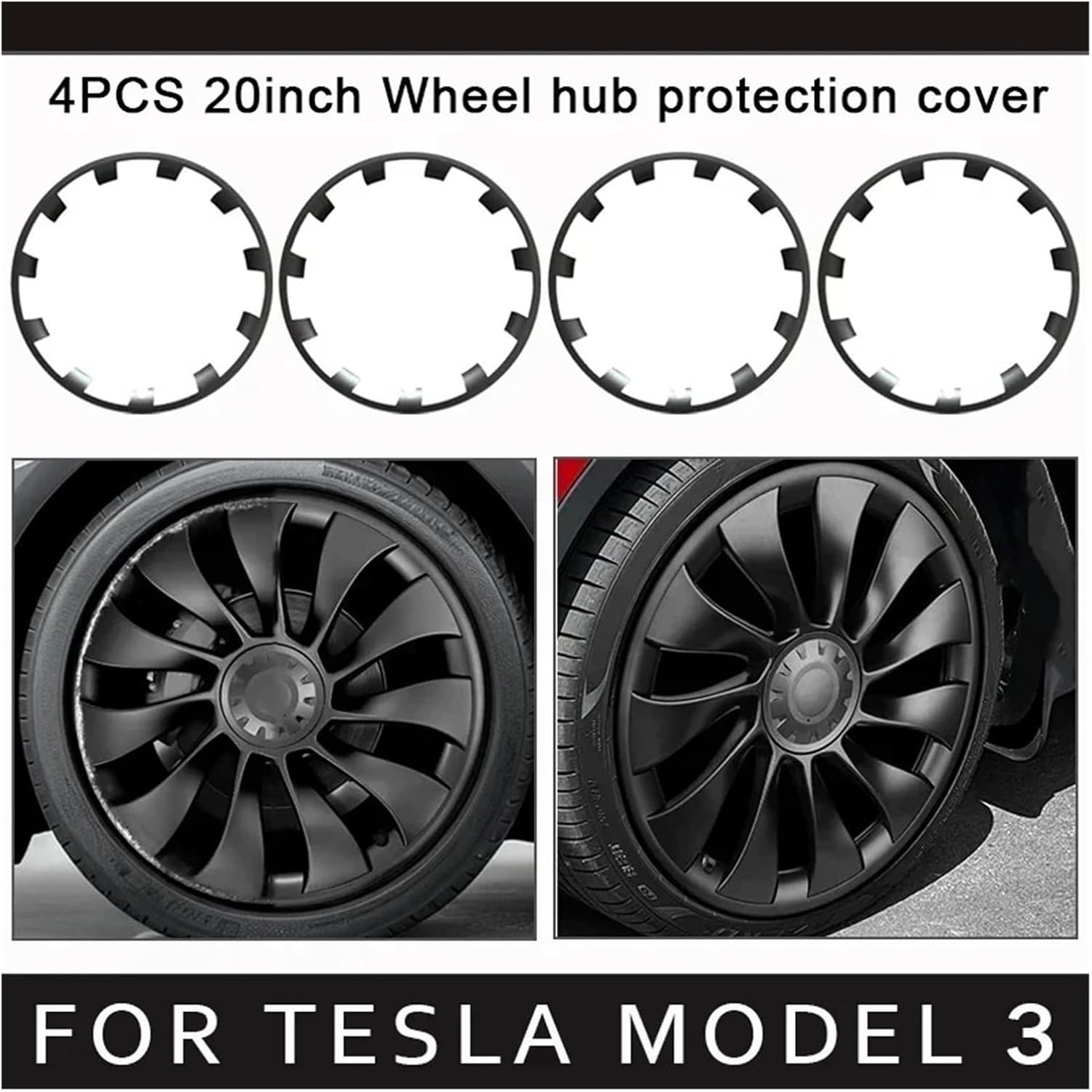4PCS 20 Inch Wheel Parts Vehicle Wheel Rims Edge Protector Ring， Compatible For Tesla Model 3 Tire Guard Strip Wheel Hub Covers Accessories