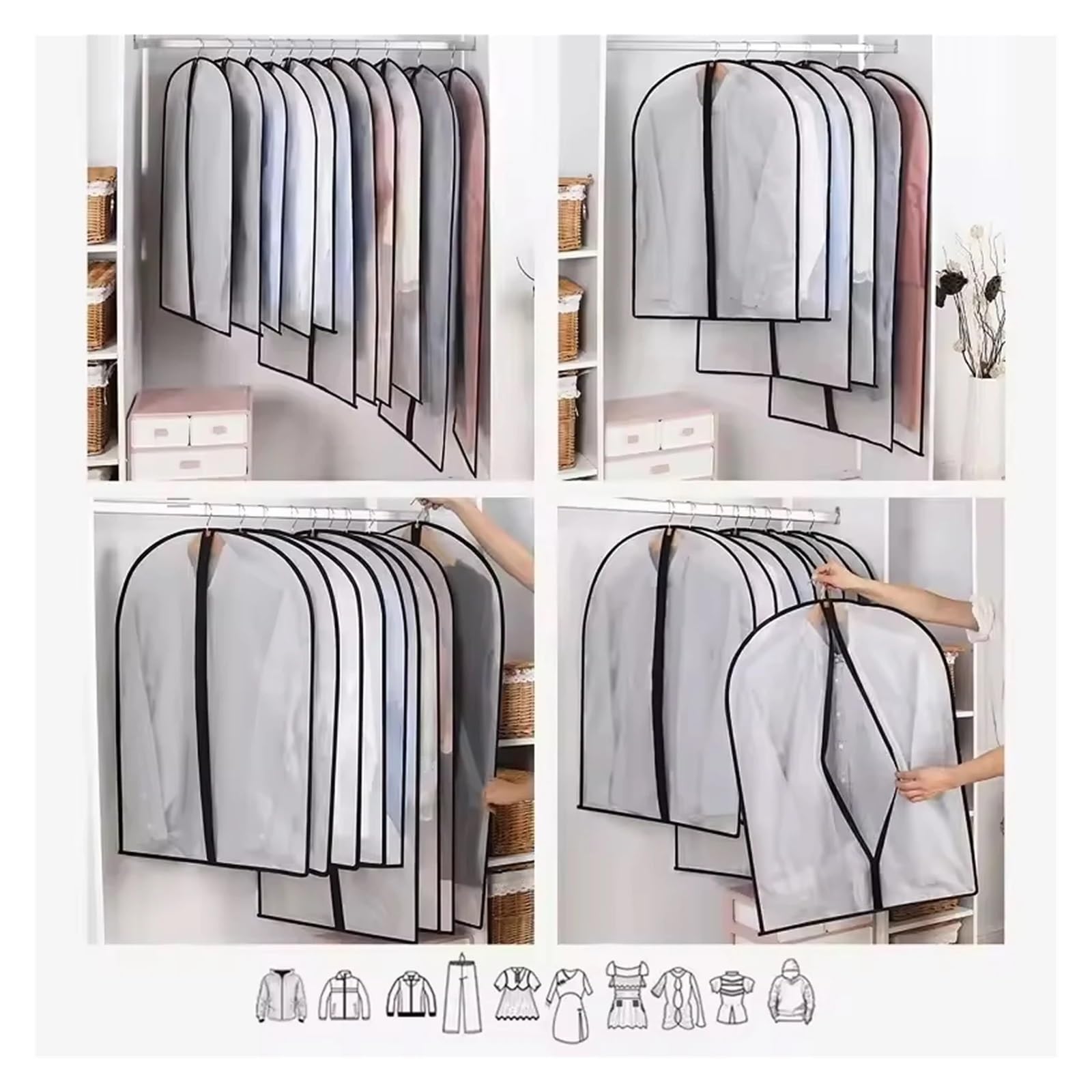 fundas para ropa 3Pcs Transparent Dust Cover For Clothes, Hanger With Zipper, Waterproof, Coat, Suit, Dress, Organizer(S)