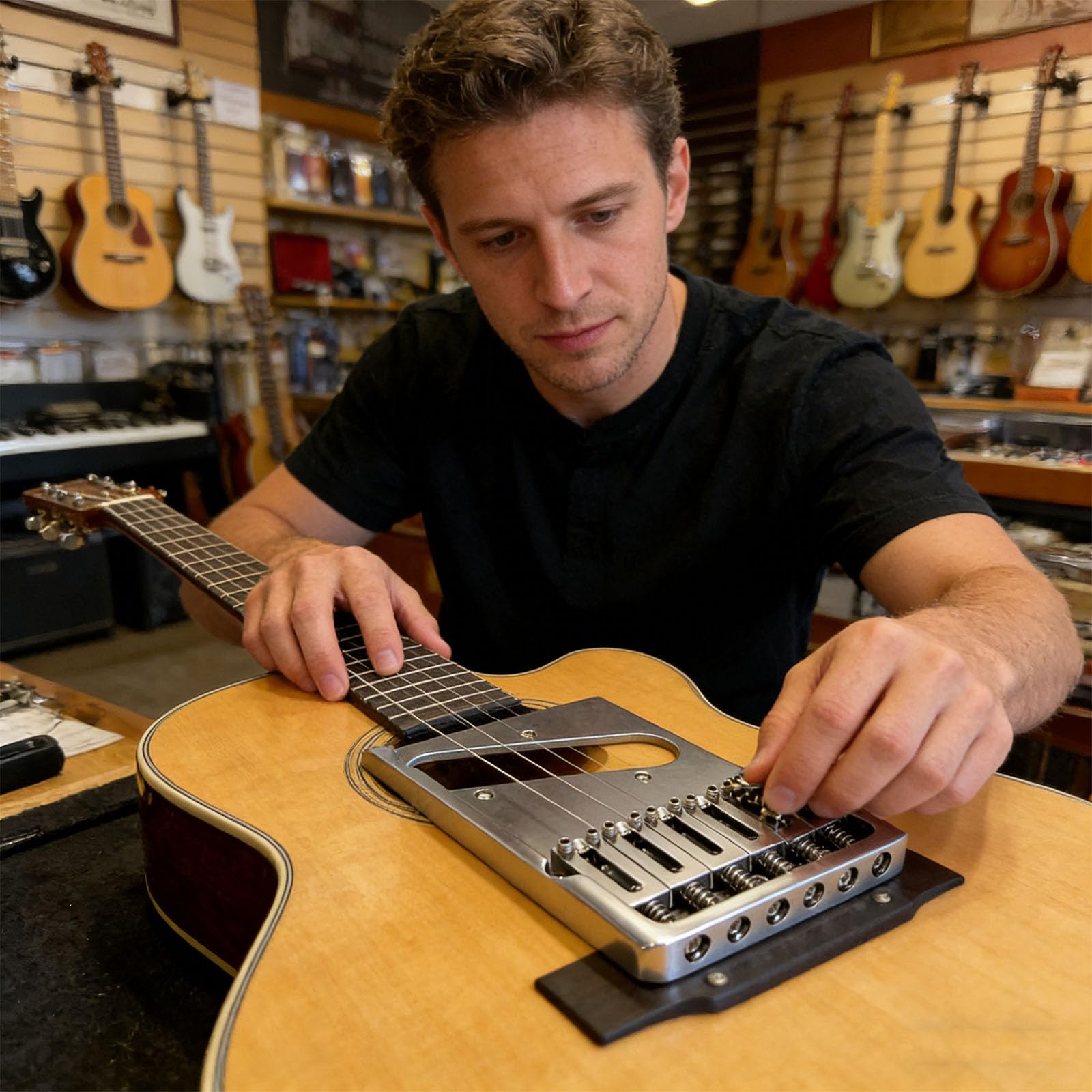 Innovador puente de guitarra para instrumentos de cuerda con sillines de latón ajustables y estabilidad de afinación, puente de guitarra moderno