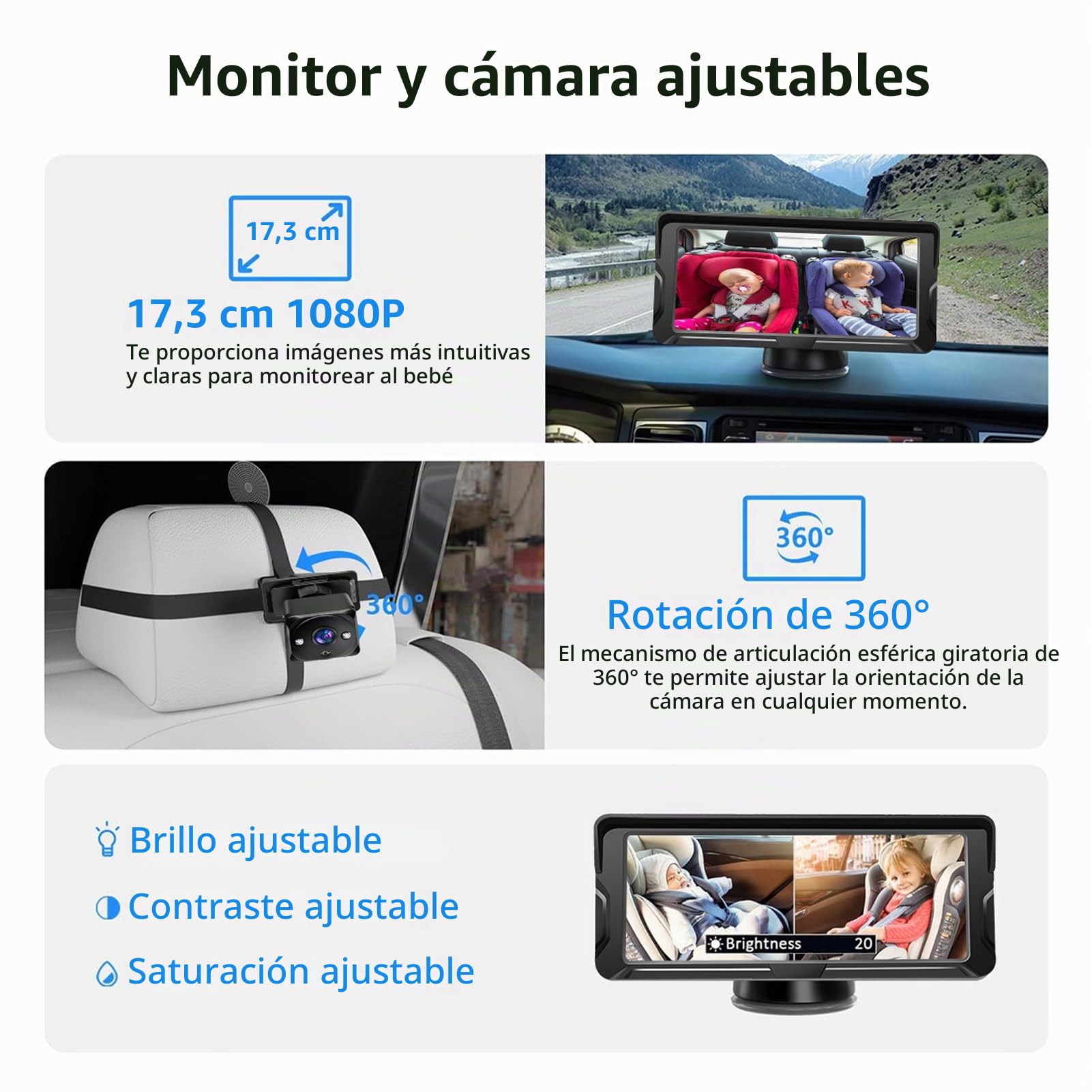 Shkalacar Camara Vigilancia Bebe Dual Canal de 6.8 Pulgadas 1080p con Visión Nocturna IR y ángulo de Visión de 150 ° de Ancho, Espejo Coche Bebe Rotativo para la Cara Trasera