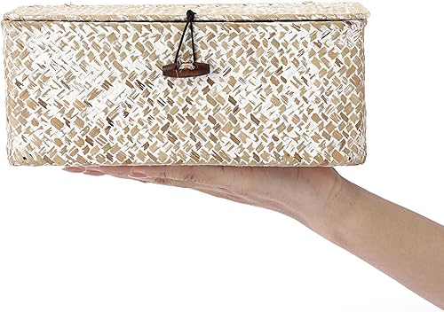 Vista 11 de Hipiwe Cestas de mimbre con tapa, cesta de pastos marinos tejida a mano, cestas rectangulares para el hogar, cajas para estantes, armario, Café