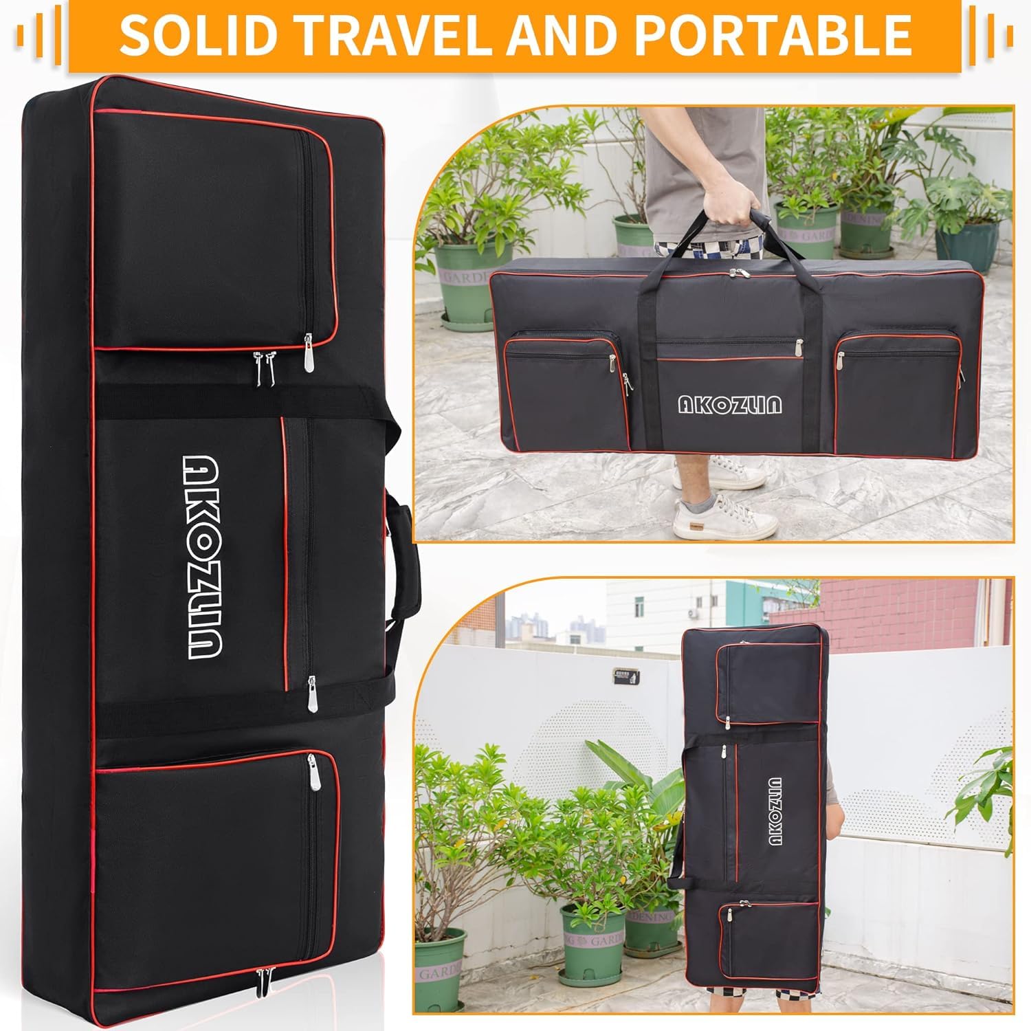 AKOZLIN Borsa morbida per tastiera elettronica a 61 tasti, dimensioni | Tracolla regolabile, 5 tasche per accessori, compatibile con tastiere da 61tasti,103x 13,5 x 40cm