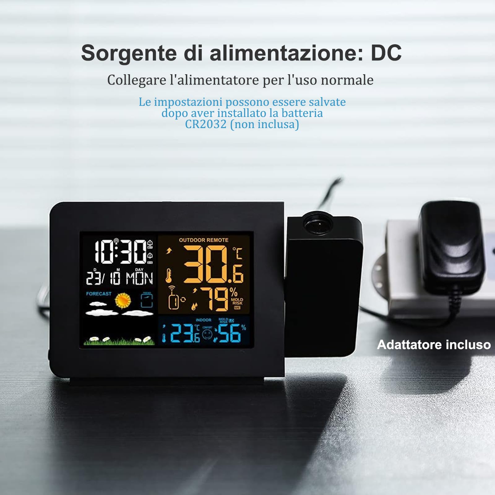 Orologio Proiezione Soffitto con Sensore Esterno, Stazione Meteo Temperatura Umidità Esterna Interna, Sveglia Digitale da Comodino 2-Allarmi LCD Display di Calendario Previsioni del Tempo