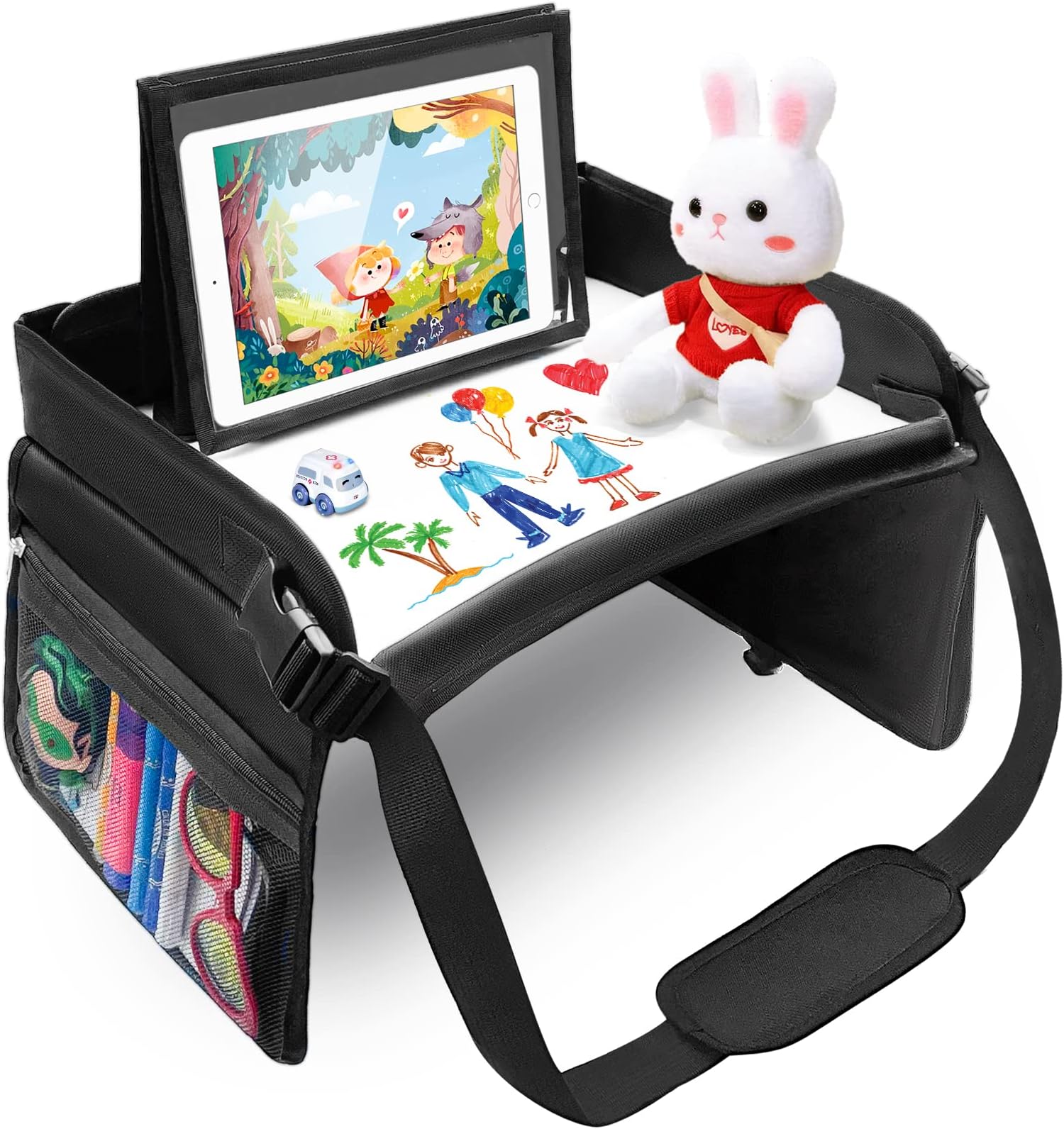 BUENAVOCar Seat Organizer Kids Travel Tray for Kids Toddlers Activities in Car Seat, Stroller, Airplane, Road Trip Essentials Activity Table Black
