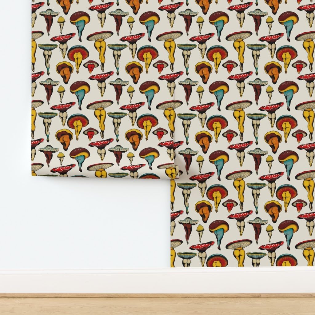 Removable Wallpaper 9ft x 2ft - Mushroom Booty Vintage Cute Kitsch Cottagecore Colorful Retro Custom Pre-Pasted Wallpaper by Spoonflower