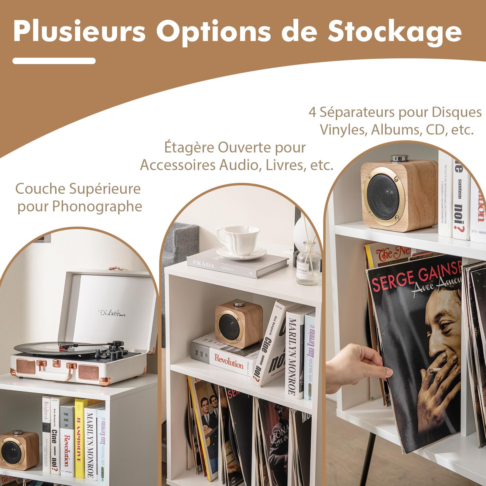 COSTWAY Meuble Tourne-Disque Vinyle avec Prise,Table d’Appoint avec Station de Charge,2 Prises,1 USB,1 Type-C,Pieds en Métal,Bout de Canapé,Support Tourne-Disque pour Salon Chambre (Blanc)