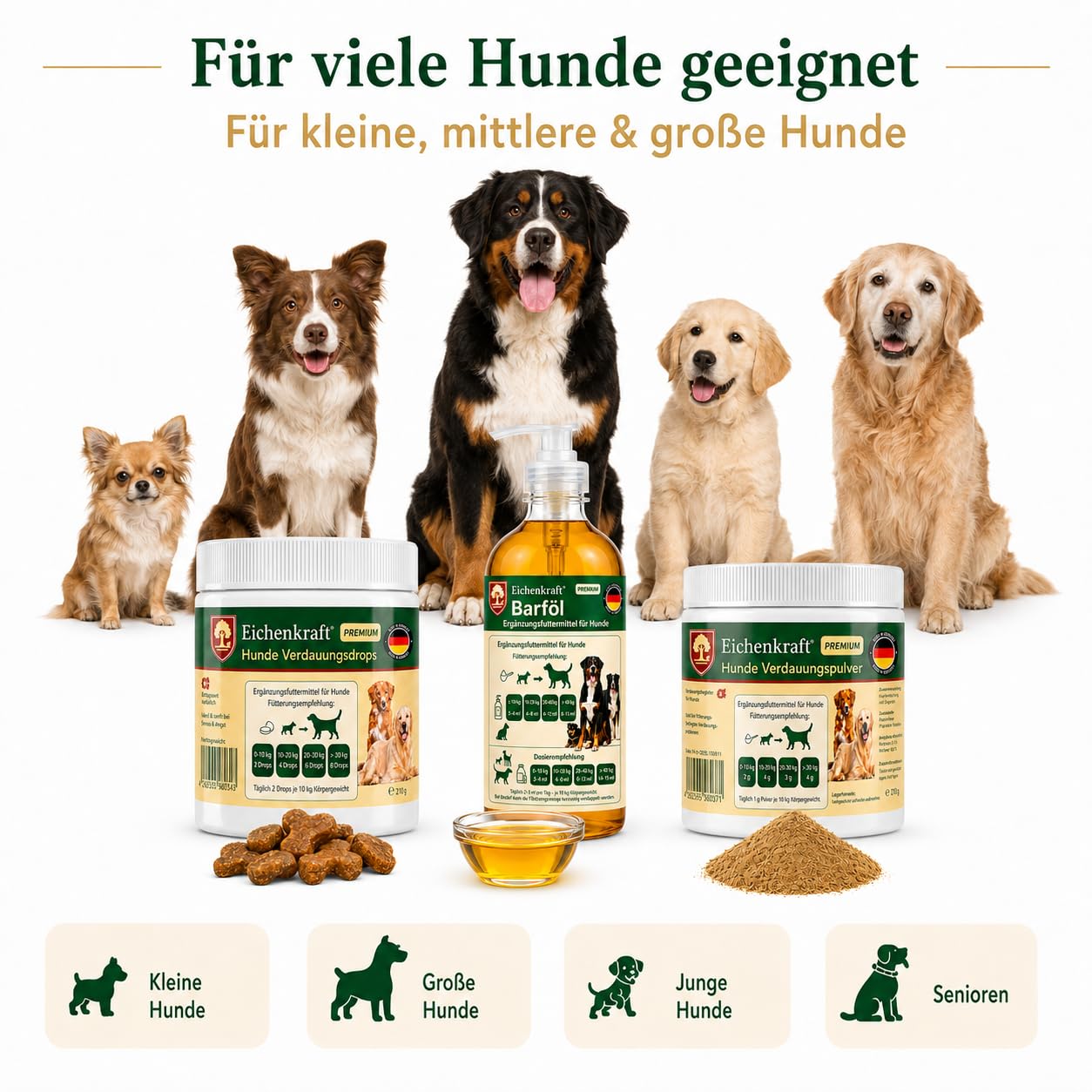 Probiotika Hund 3er Set Magen Darm Kausnacks Verdauungspulver Lachsöl Hunde
