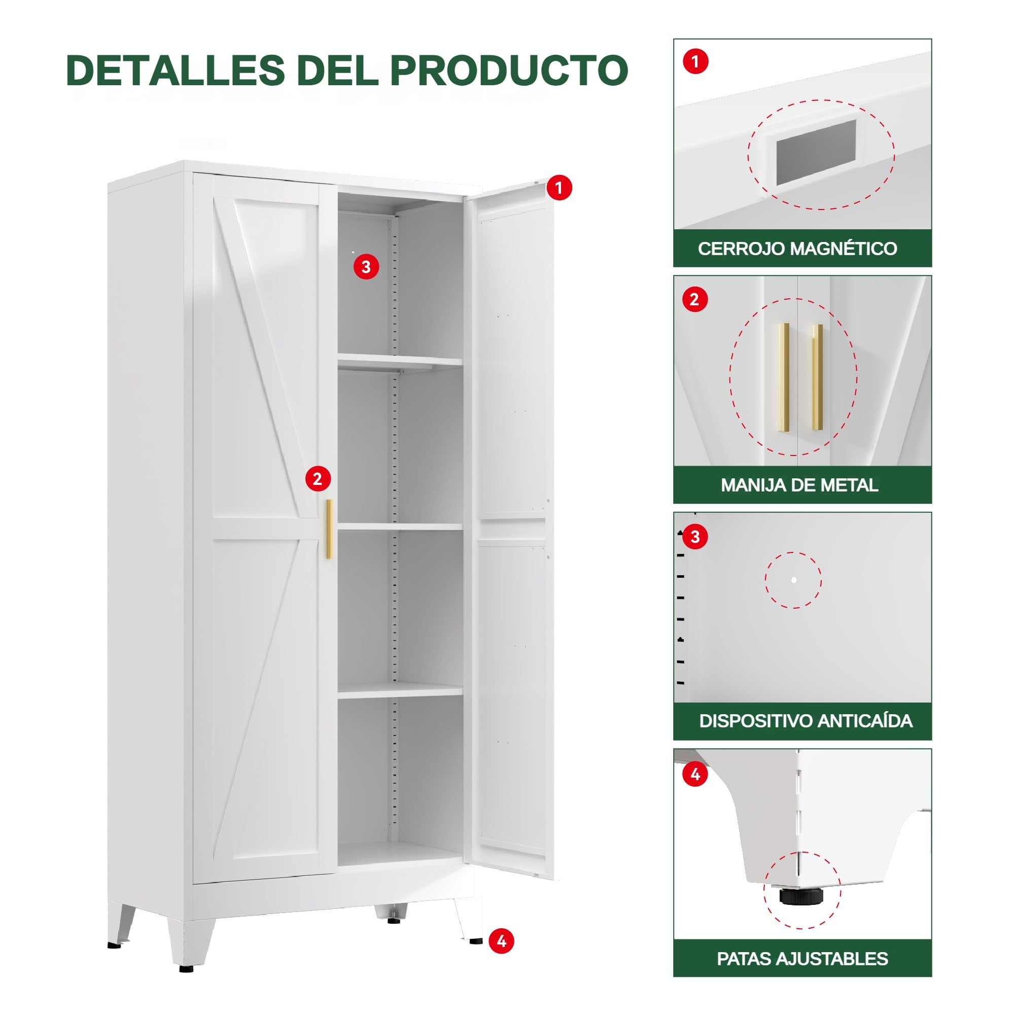 Armario Metalico Alacena, Aparador Comedor de Metal, Armario Cocina Almacenaje con Estantes Regulables, Área culinaria, Salón, 35x70x155cm, Blanco