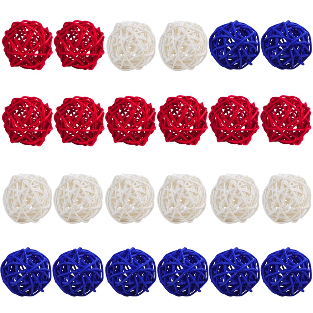 STMK 24 Pcs 2 Inch 4th of July Rattan Balls Decorations, Wicker Balls Decorative for 4th of July Home Decor DIY Vase Bowl Filler Ornament Table Decoration (Red, White, Blue)