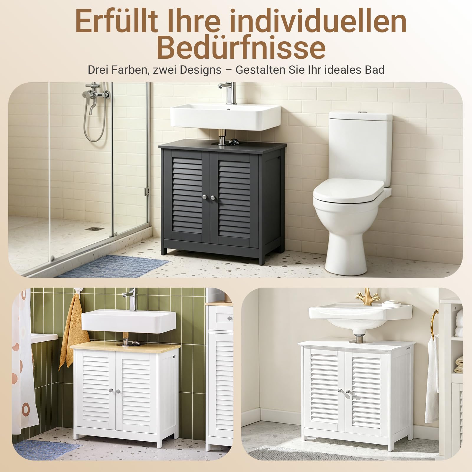 SoBuy Waschbeckenunterschrank, Badschrank mit verstellbaren Regalböden, Badmöbel aus MDF, Unterschrank für Badezimmer, Anti-Schimmel Lamellentür, Dunkelgrau, 60x58x35cm, FRG237-DG