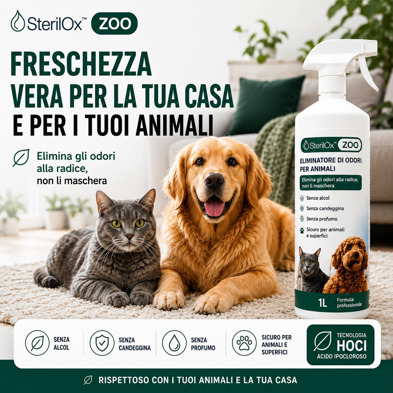 ZOO 1L – Eliminatore odori HOCl per cani, gatti e cucce | Neutralizza gli odori • HOCl • Per cani e gatti • Senza alcool