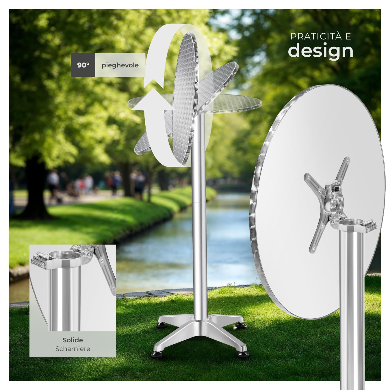 tectake® Tavolo da Bistrot, Alluminio Pieghevole, Altezza Regolabile 70/115cm, Piano in Acciaio Inox Ø 60cm, Resistente agli Agenti Atmosferici, Perfetto per Esterni ed Interni - Alexander
